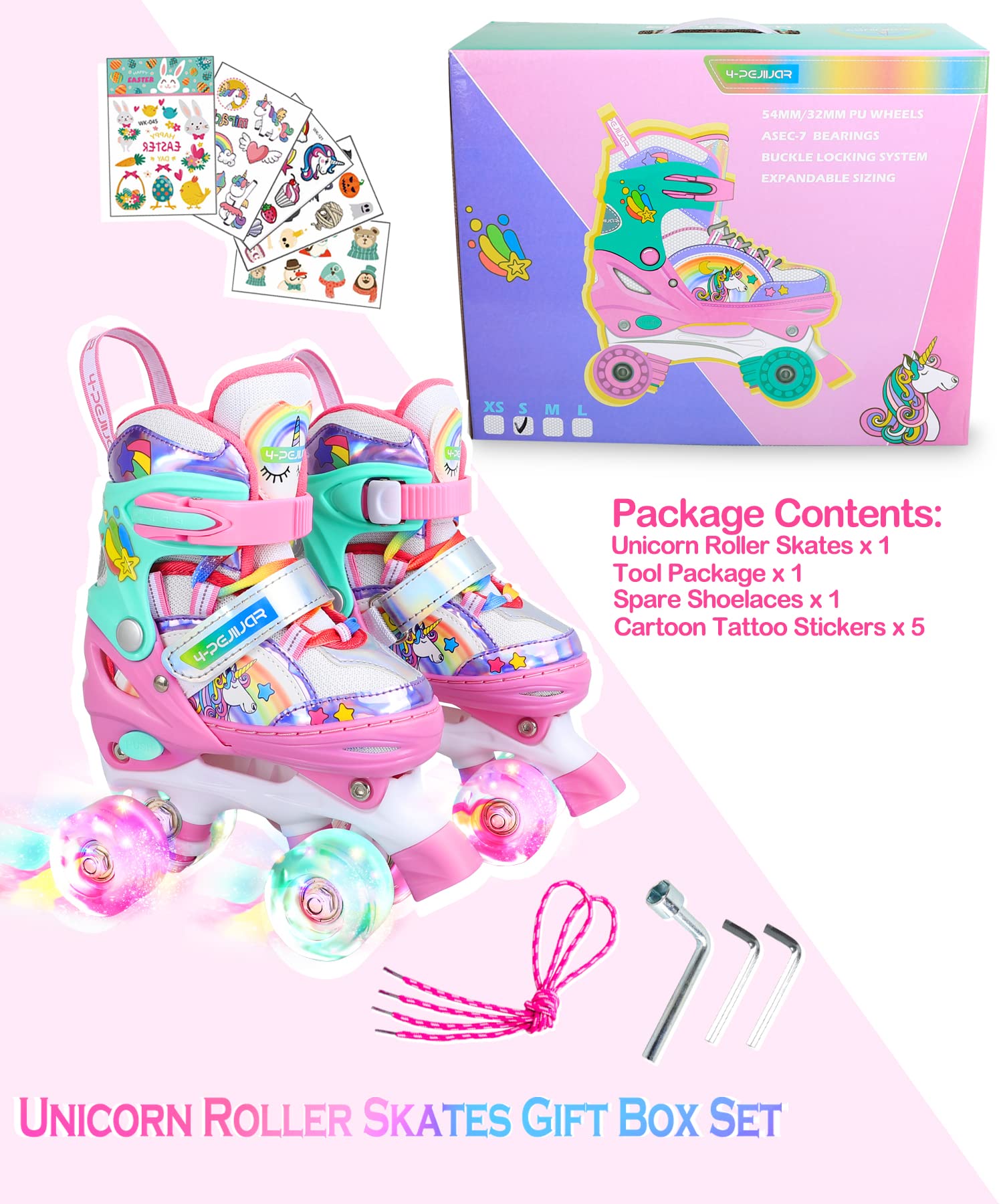 Pattini a Rotelle Bambina Unicorno Pattini Regolabili Pattini a Rotelle in Linea con 4 LED Ruote per Bambini Ragazzi Principianti