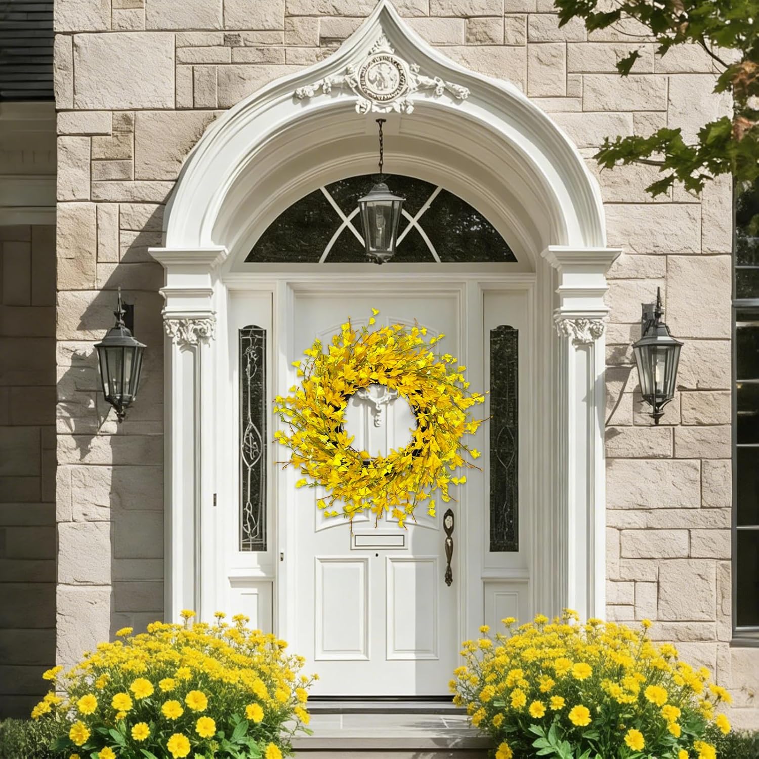 22" Spring Wreaths for Front Door, Artificial Forsythia Flower Wreath on Grapevine, Yellow Wreaths with Green Leaves, Silk Floral Wreath for Home Indoor Wall Window Garden Porch Farmhouse Decor