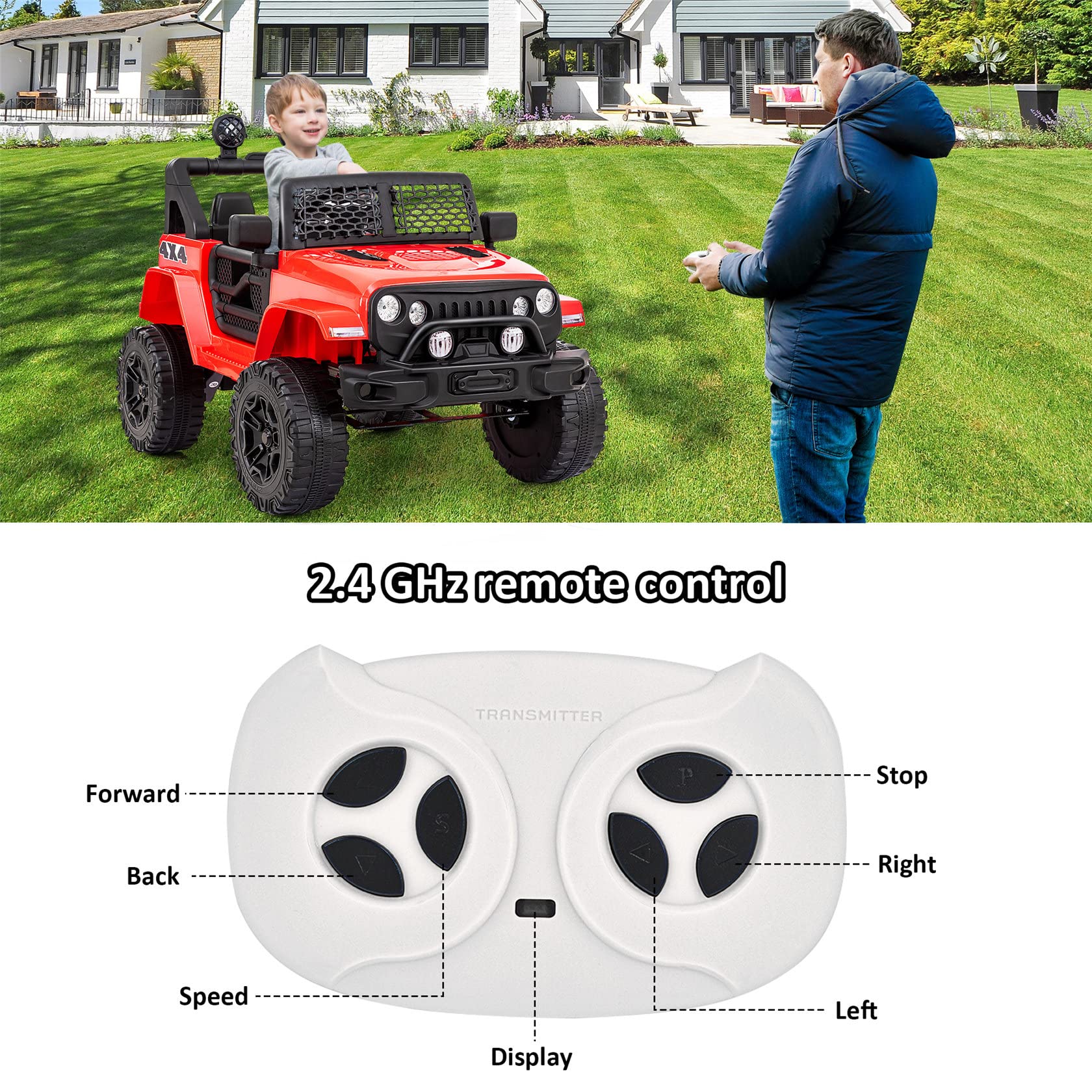 Auto Elettrica per Bambini, Camion A 2 Posti, con Telecomando 2.4g, Auto Elettrica A 2 velocità con Avviamento Graduale con Clacson, Luce Anteriore. 3-5 Km/H, per Bambini da 37 A 95 Mesi,Red