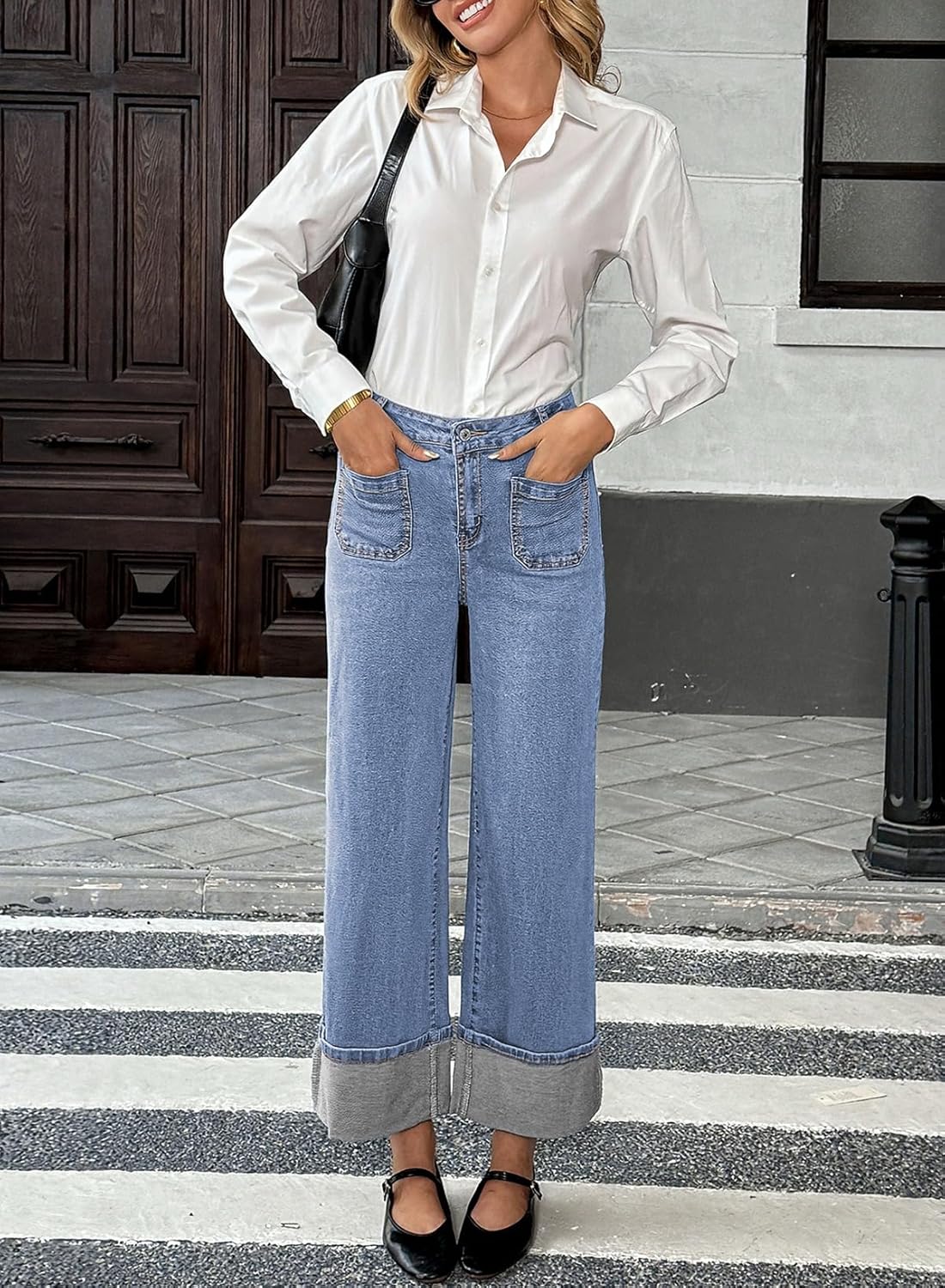 EVALESS Womens Jeans High Waisted Stretchy Cuffed Wide Leg Denim Pants with Pockets