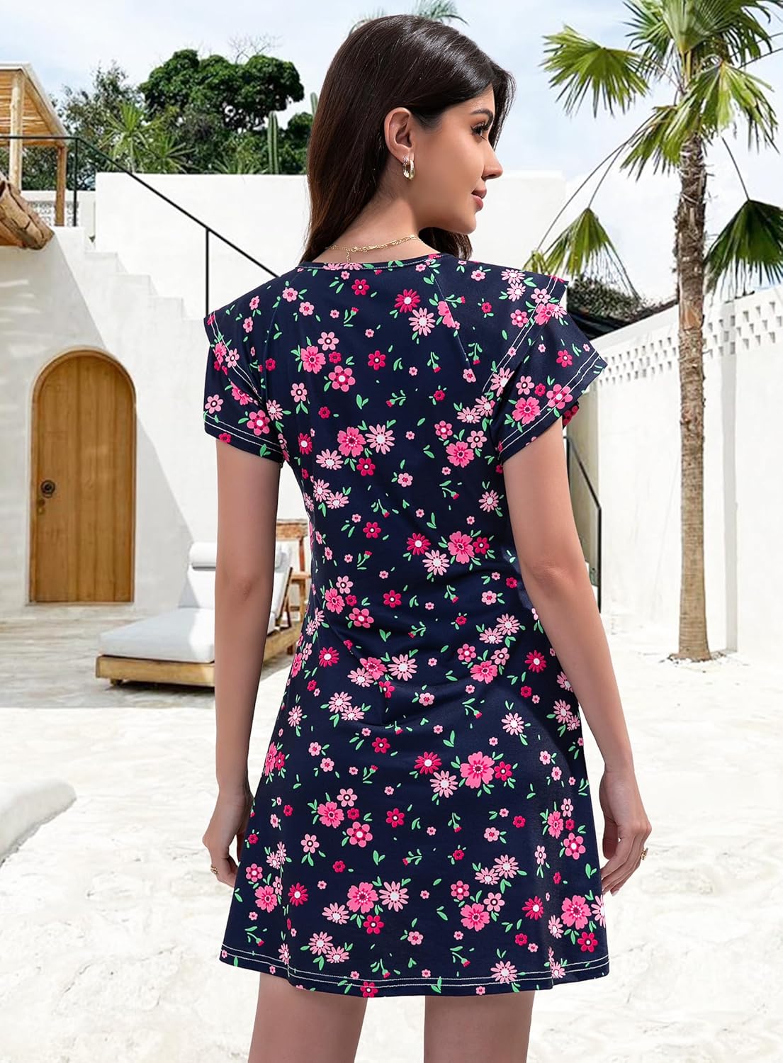 Summer Dresses for Women 2025 Beach Casual Sundress Floral V Neck A-line Dress Short Ruffle Sleeve Boho Dresses with Pockets - Image 5