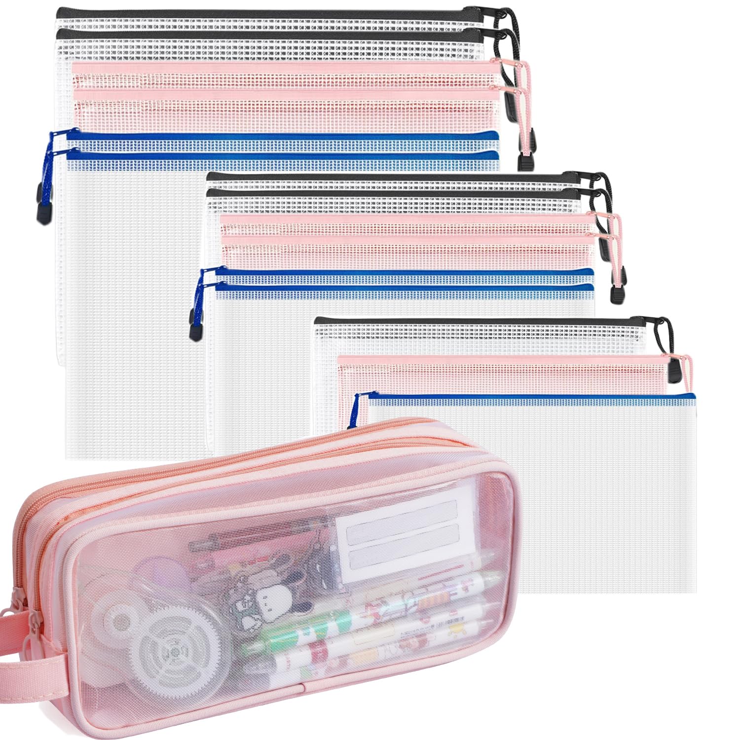 YOUHOOL 15pcs Mesh Zipper Pouch Bags 3 Sizes 3 Colors Plastic Zipper File Pouches with Mesh Pencil Case Bag for Organizing, Storage, Travel, School Office Supplies