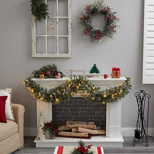 Miniatura 4 de Nearly Natural Guirnalda artificial de Navidad con punta de nieve de 6 pies con 35 luces LED transparentes y conos de pino