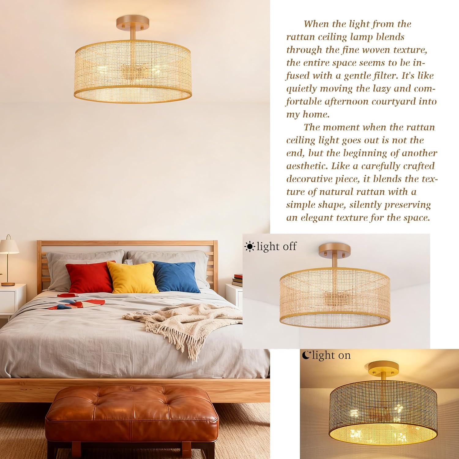 Hamilyeah Boho Drum Ceiling Light Fixture Flush Mount with Woven Shade, Gold 16 inch Light Fixture Ceiling Mount Wicker Shade, Bamboo Rattan Light Fixtures for Living Room, Bedroom Dining Room