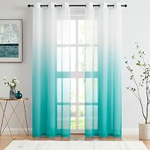 Teal Ombre Sheer Curtains for Living Room Bedroom, Chiffon Crinkle Gradient Semi Sheer Window Treatments for Girls Room, Light Filtering Ombre Curtain Drapes for All Season, Grommet Top, 42"Wx63"Lx2