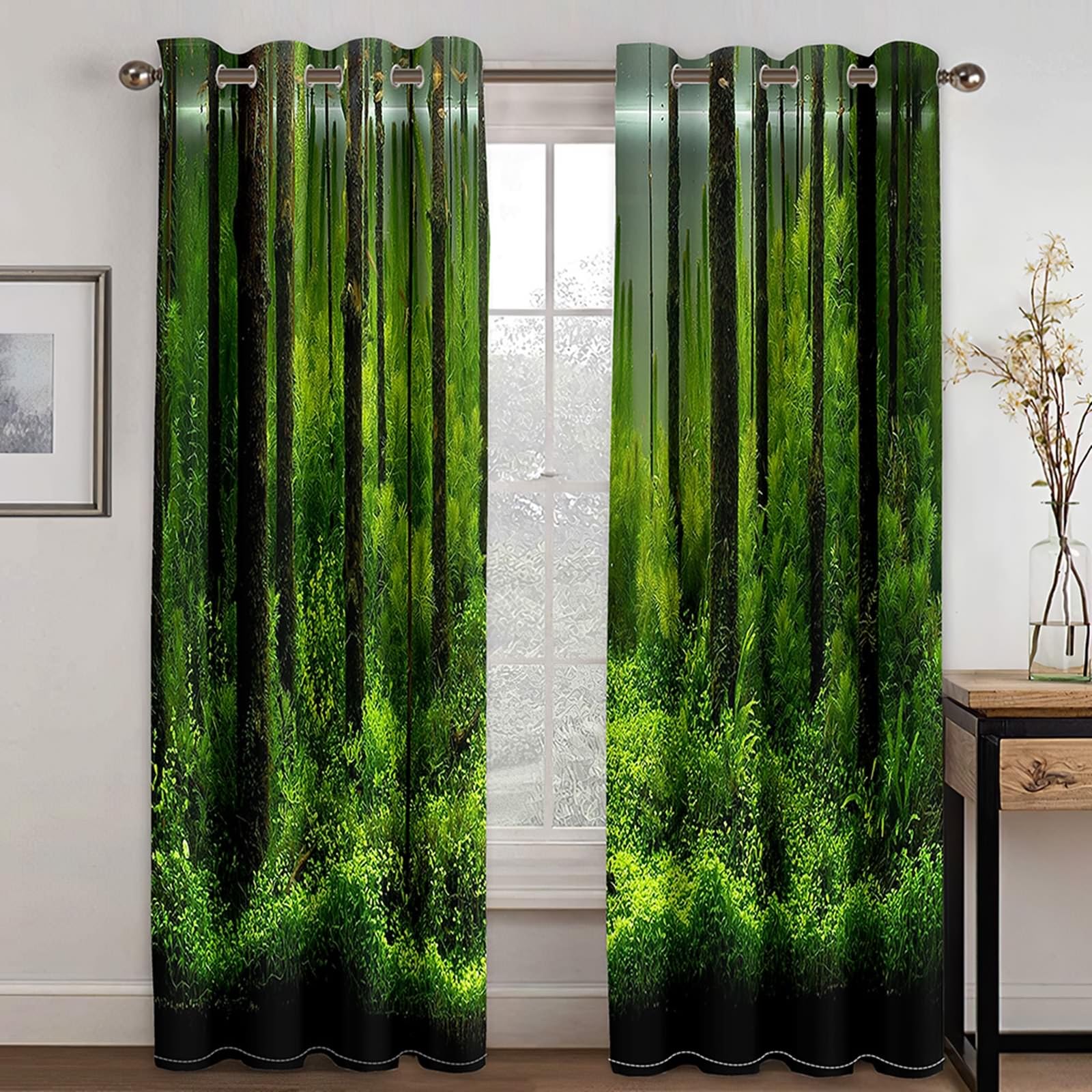 Lirzxin Bedroom Curtains Eyelet Blackout Curtains 90 Inch Long, Thermal Insulated Curtain Ring Top Tree Trunk and Plant Landscape Window Treatments for Living Room Green 34 x 90 Inch, 2 Panels