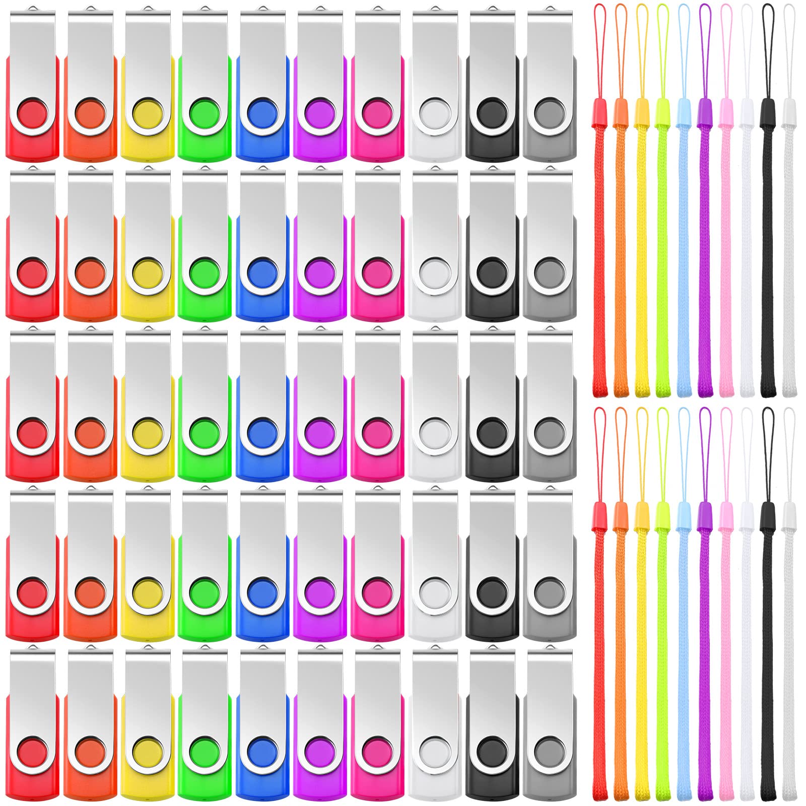 Aoriher 50 Pack 2GB Flash Drives Bulk USB 2.0 Gig Stick USB Flash Memory Storage Device with Lanyard Set Swivel Thumb Gig Stick for Data Storage Backup Transport Migration, Mixed 10 Color