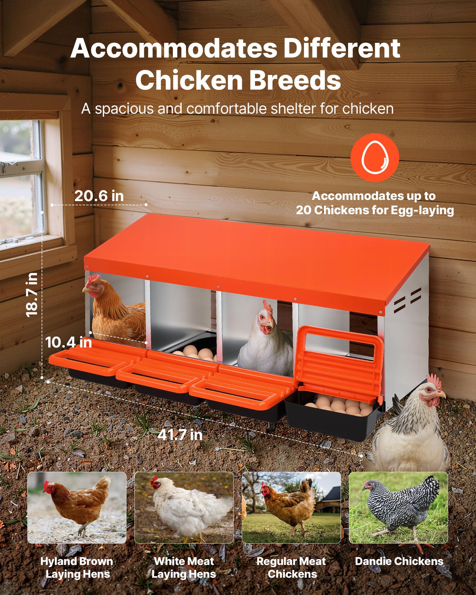 VEVOR Nidi per Galline a 4 Scomparti, Scatole per La Deposizione delle Uova in Metallo con Coperchi di Raccolta Protettivi, Nido Estraibile, Facile da Montare, Ideale per Galline, Anatre, Arancione