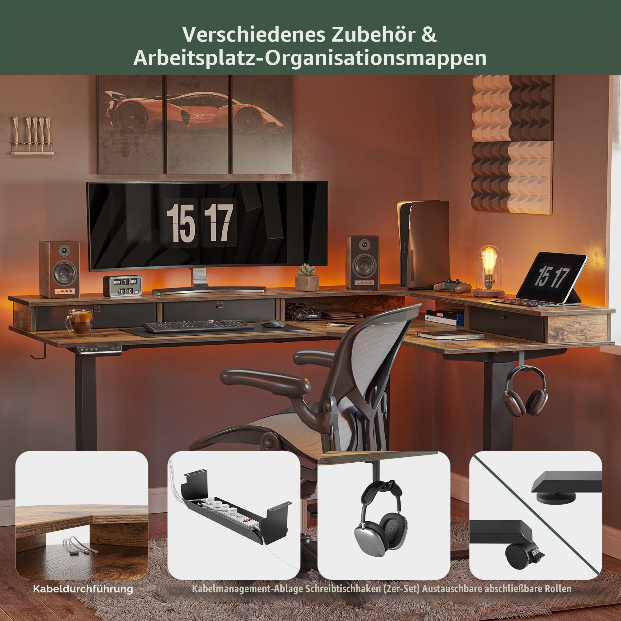 FEZIBO DREI Motoren Schreibtisch Höhenverstellbar Elektrisch mit 3 obere Schublade, L Form Stehpult, Links und rechts austauschbar, 160 x 120 cm eckschreibtisch, Schwarz Rahmen/Braun Tischplatte