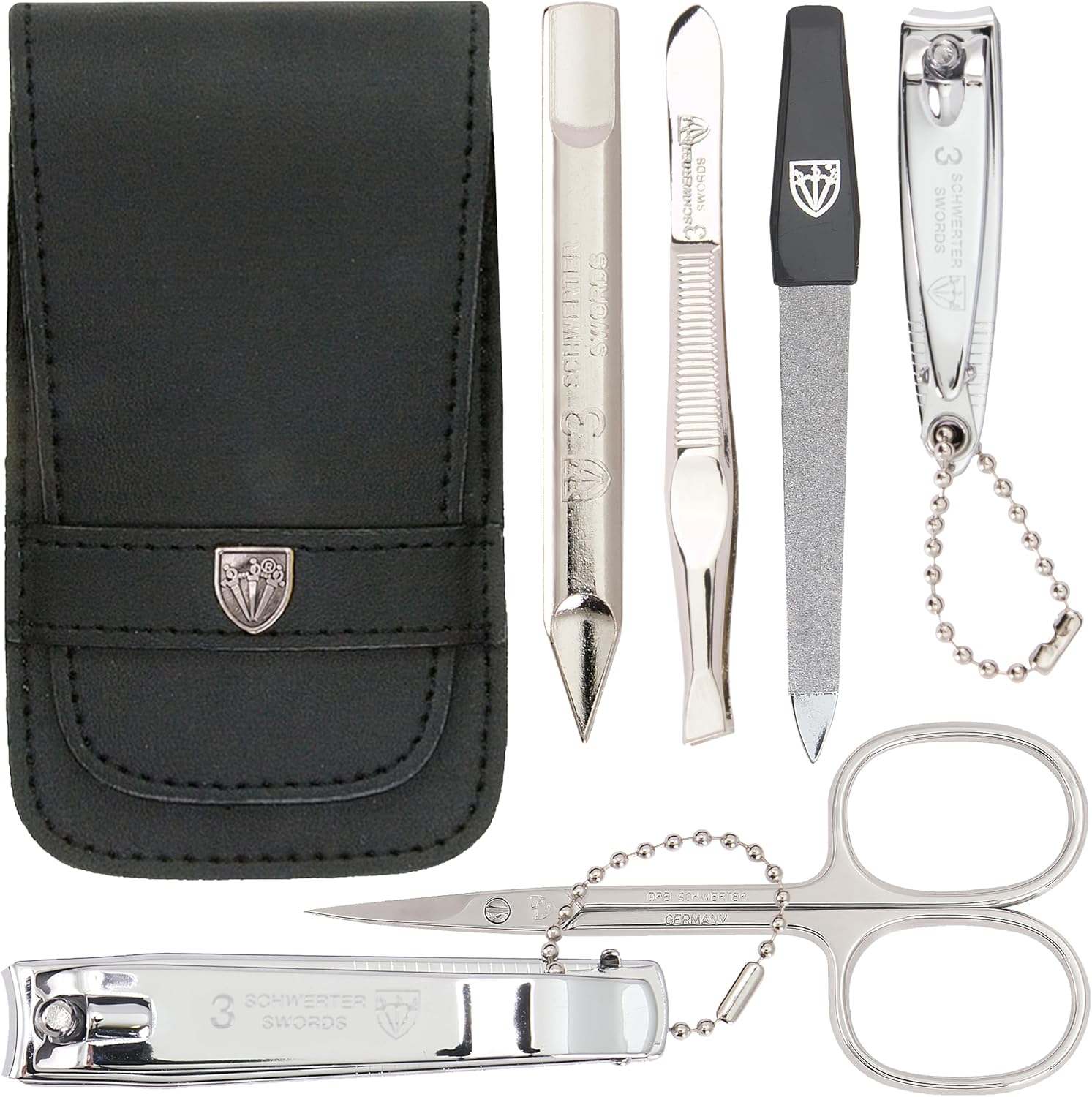3 Swords Germany – brand quality 6 piece manicure pedicure grooming kit set for professional nail care with genuine leather case – Made in Germany