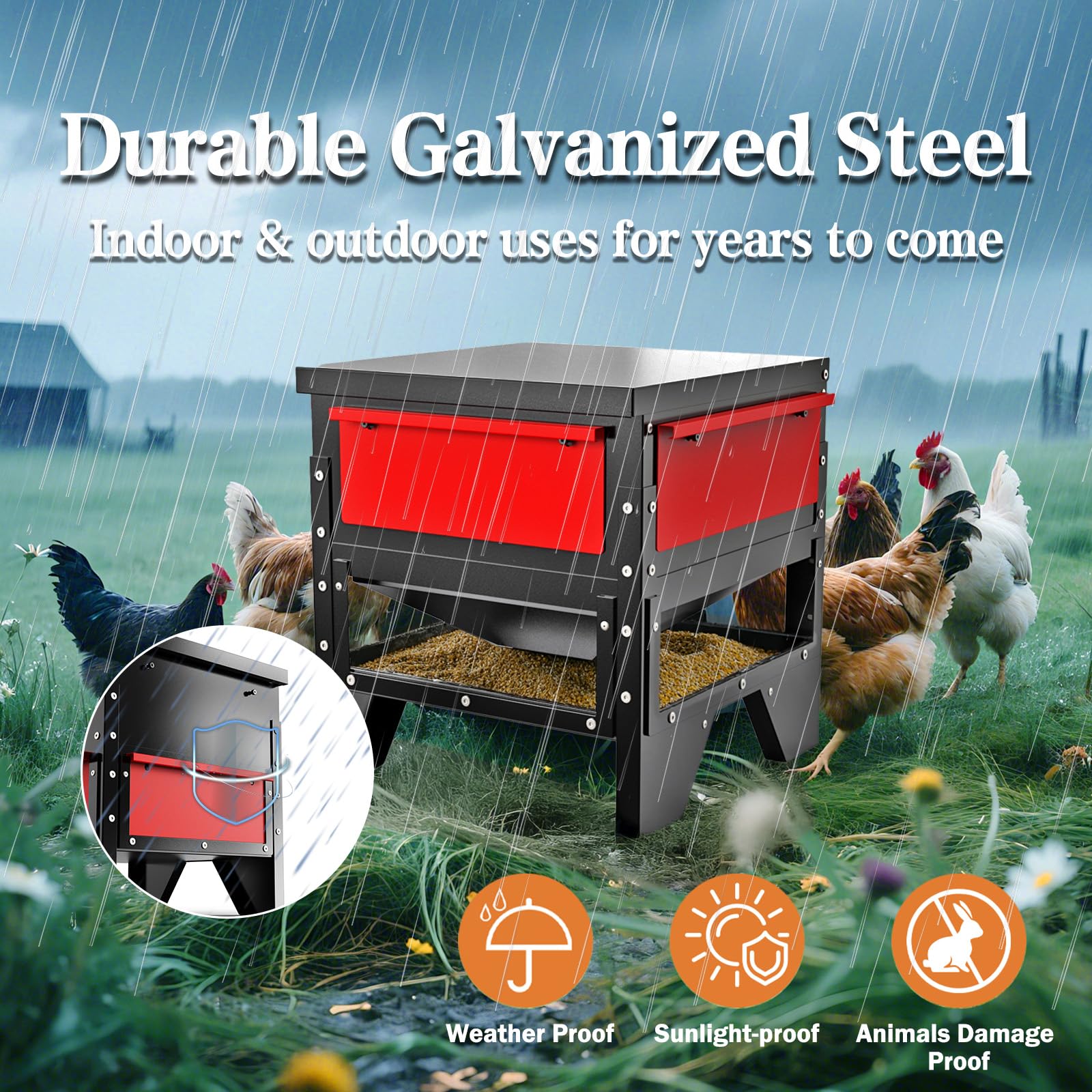 Comedero automático para pollos, gran capacidad de 70 libras, comedero de metal para aves de corral, sin residuos, impermeable, apto para gansos, patos, pavos, codornices