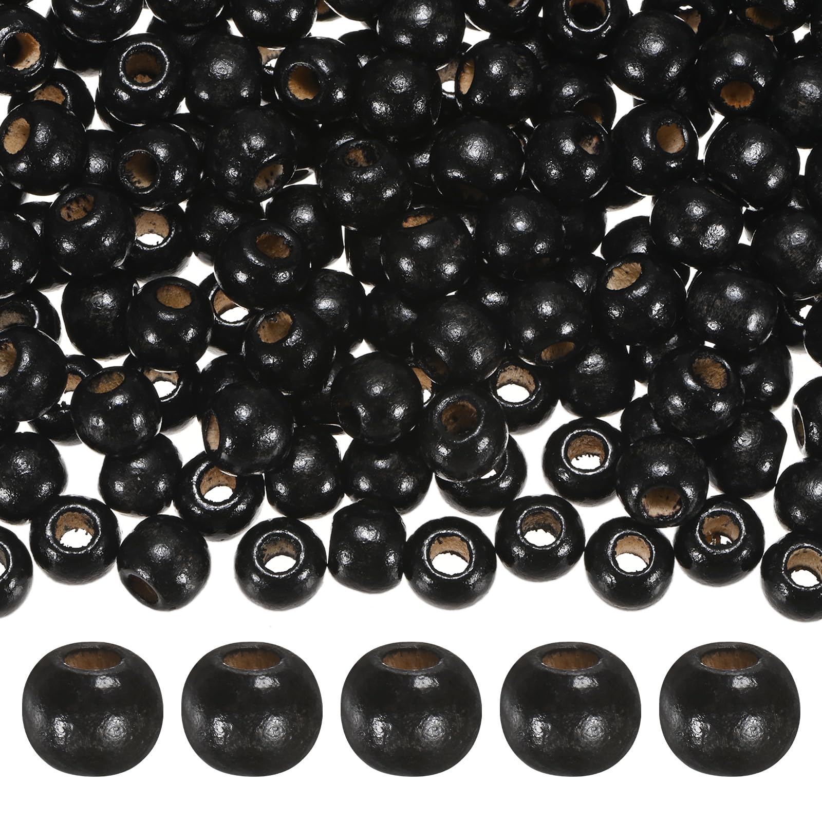 M METERXITY 150-Pack Natural Wood Beads 9x10mm Black Round Loose Spacer Beads Wooden Craft Smooth Ball Large Hole with 4mm for DIY Crafts/Bracelet/Necklace