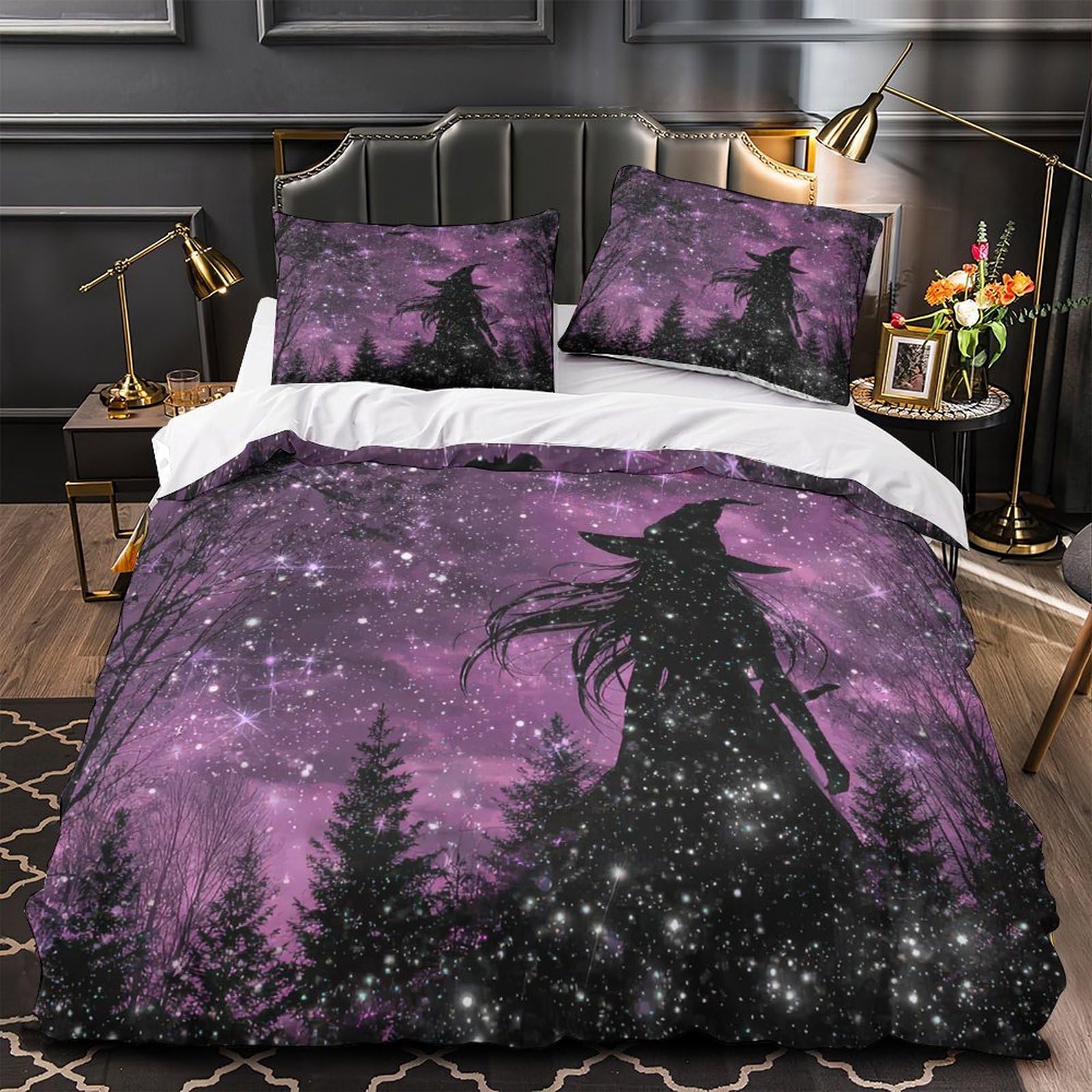 Witch Silhouette Comforter Cover 3D Design Printed Luxury 3 Piece Bedding Set Zipper Fantasy Night Scene Duvet Cover Super Soft Washable for Kids Teens Adults Women Youth Teenagers King（220x240cm）