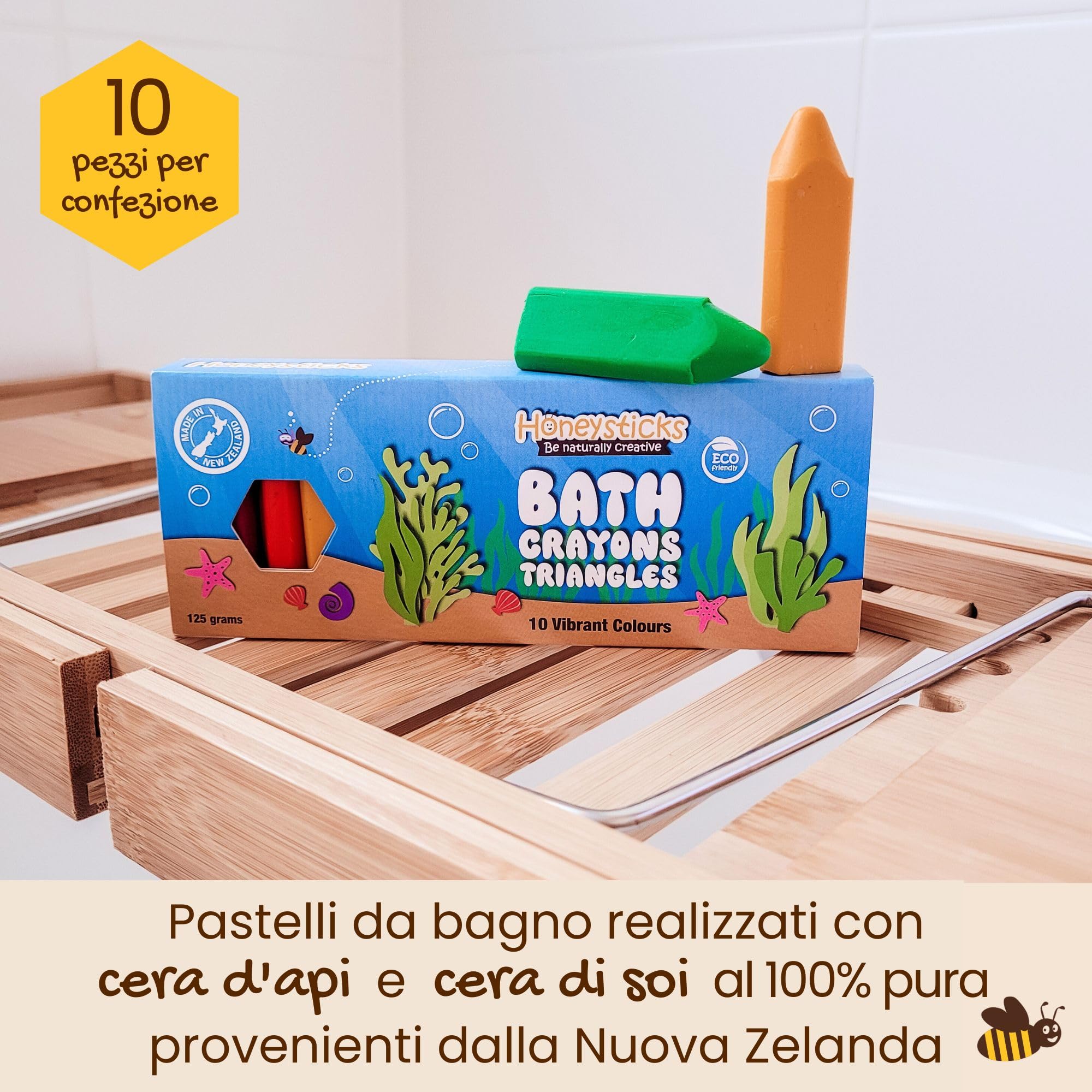 Honeysticks Pastelli triangolari da bagno per bambini e bambini (10 pezzi), cera d'api naturale per il divertimento della vasca da bagno, senza profumo, fantastici giocattoli da bagno, colori vivaci.