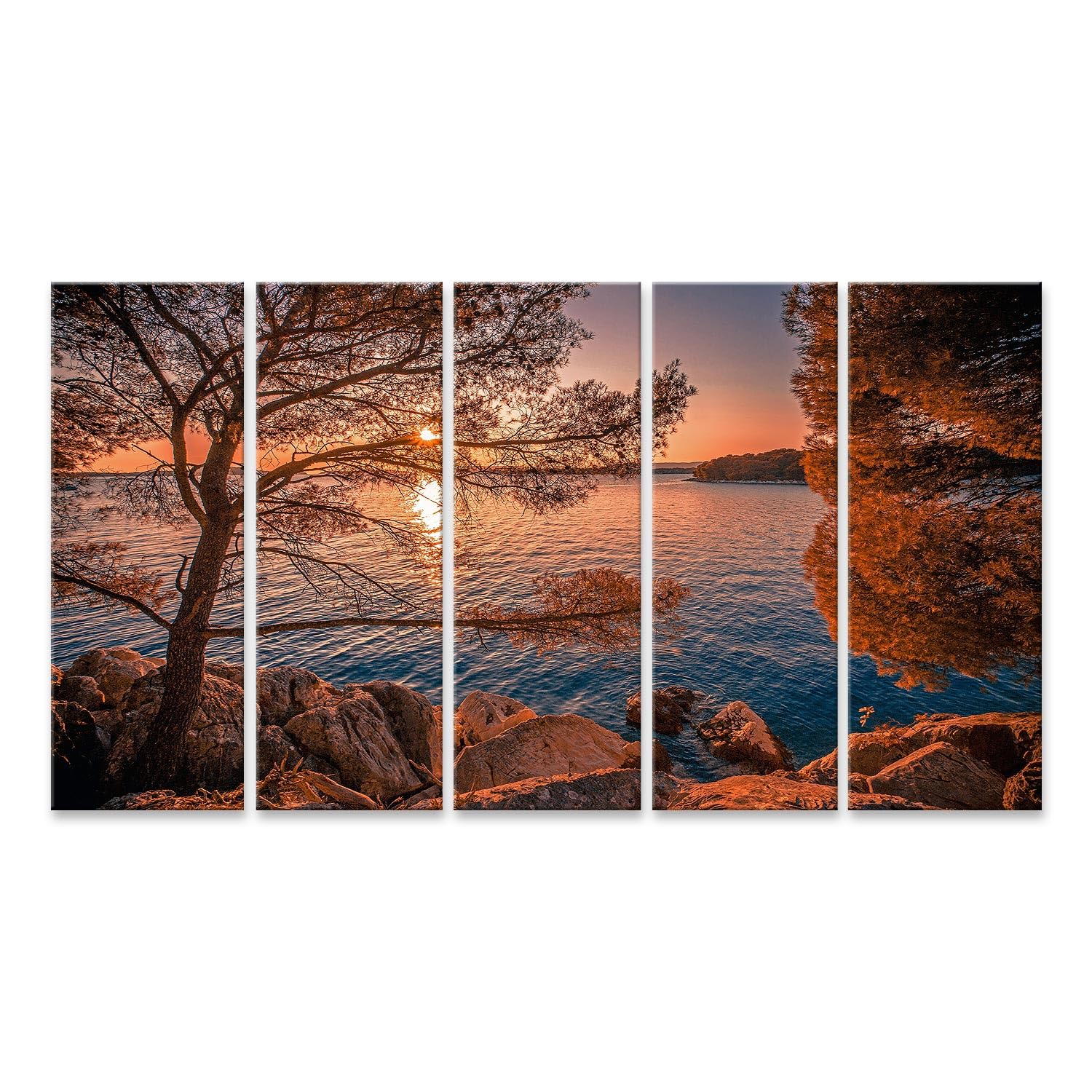 islandburner Primer cuadro sobre lienzo puesta de sol en el mar con árboles y rocas cuadros murales carteles