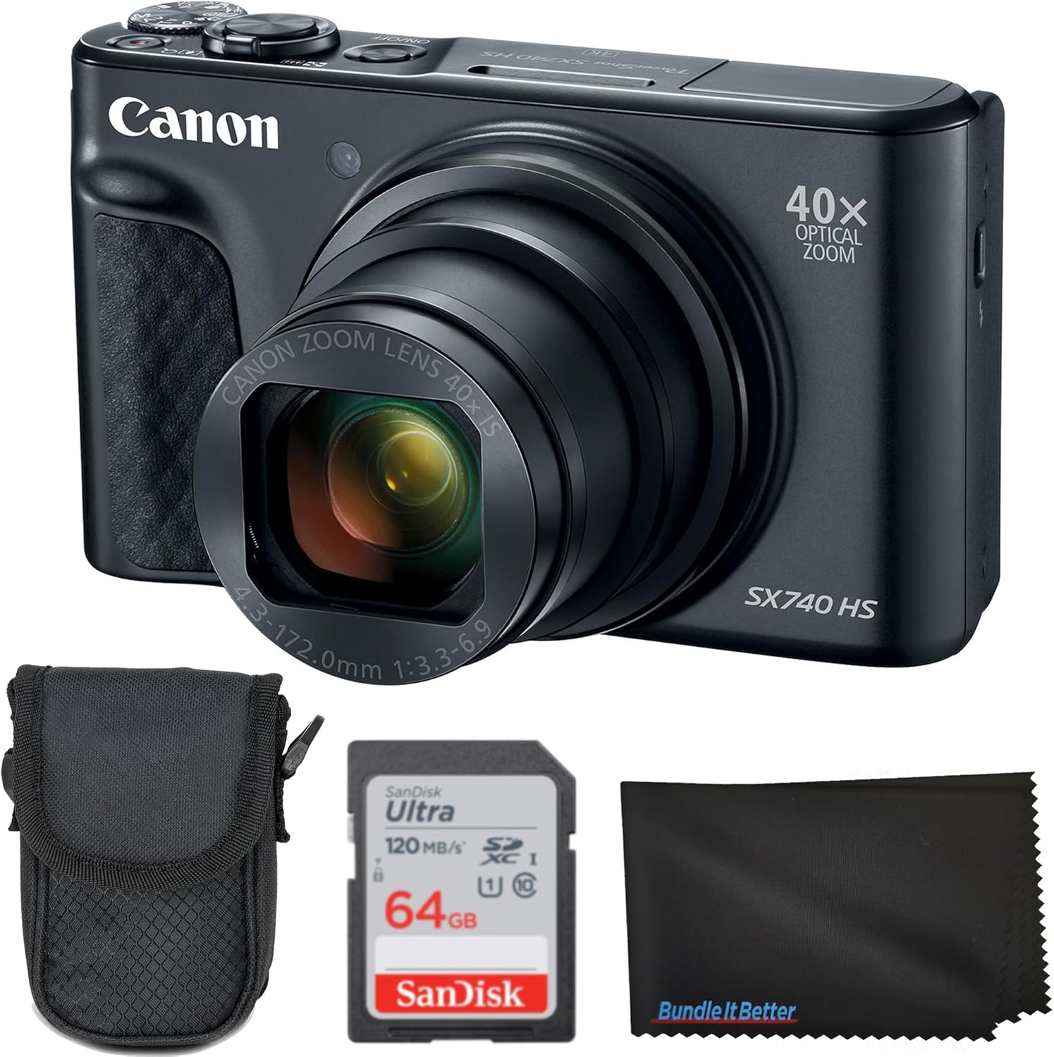 Canon PowerShot SX740 HS Digital Camera (Black) 4PC Bundle – Includes 64GB SD Memory Card + Point & Shoot Case + Microfiber Cleaning Cloth
