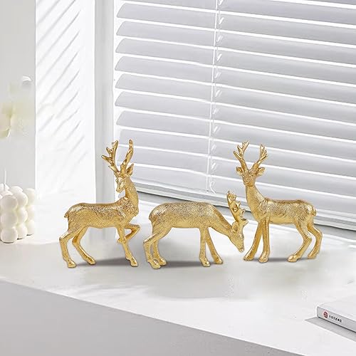 Miniatura 8 de Lulu Home 3 piezas de decoraciones de mesa navideñas, figuras familiares de renos dorados de resina con diversas posturas, centros de mesa de
