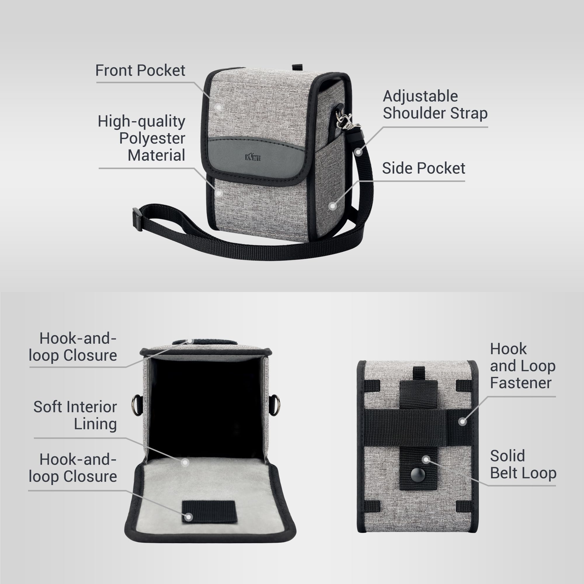 KIWIFOTOS Sac à Bandoulière Compact pour Caméra, Sac de Voyage, Sac à Bandoulière pour Appareil Photo Reflex/sans Miroir et Objectif pour Canon, Nikon, Sony, Fujifilm, Ricoh, avec Bandoulière (Gris)