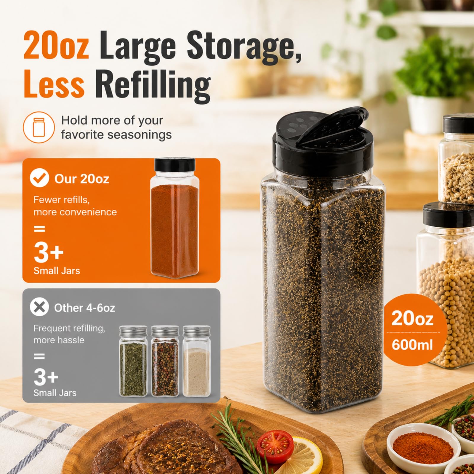 Hacaroa 16 Stück 600 ml Kunststoff Gewürzdosen mit Shaker/Pourer Deckel, quadratische leere Gewürzbehälter klare Gewürzflaschen für trockene Lebensmittel, Gewürze, Kräuter, Pulver