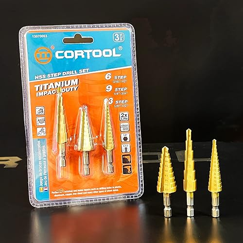 Miniatura 6 de Juego de brocas escalonadas de titanio, 3 unidades Unibit de acero de alta velocidad, vástago de 14 pulgadas, total 28 tamaños de 316 a 12 pulgadas