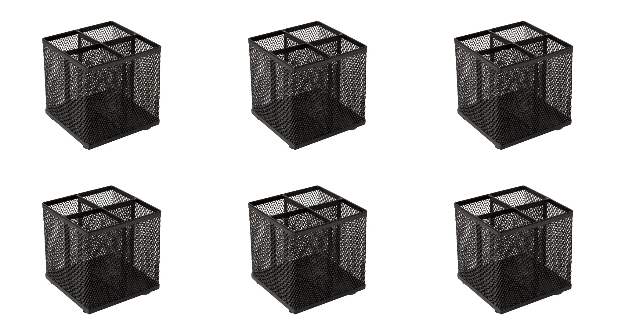 OSCO Black Wiremesh Square Pen Pot, 4 Sections Pencil Holder, Desk Tidy Office Organiser, Makeup Brush Holder Cosmetics Display, Metal Mesh Organiser, H10.5 x W10 x D10 cm, 6 Pack, Black