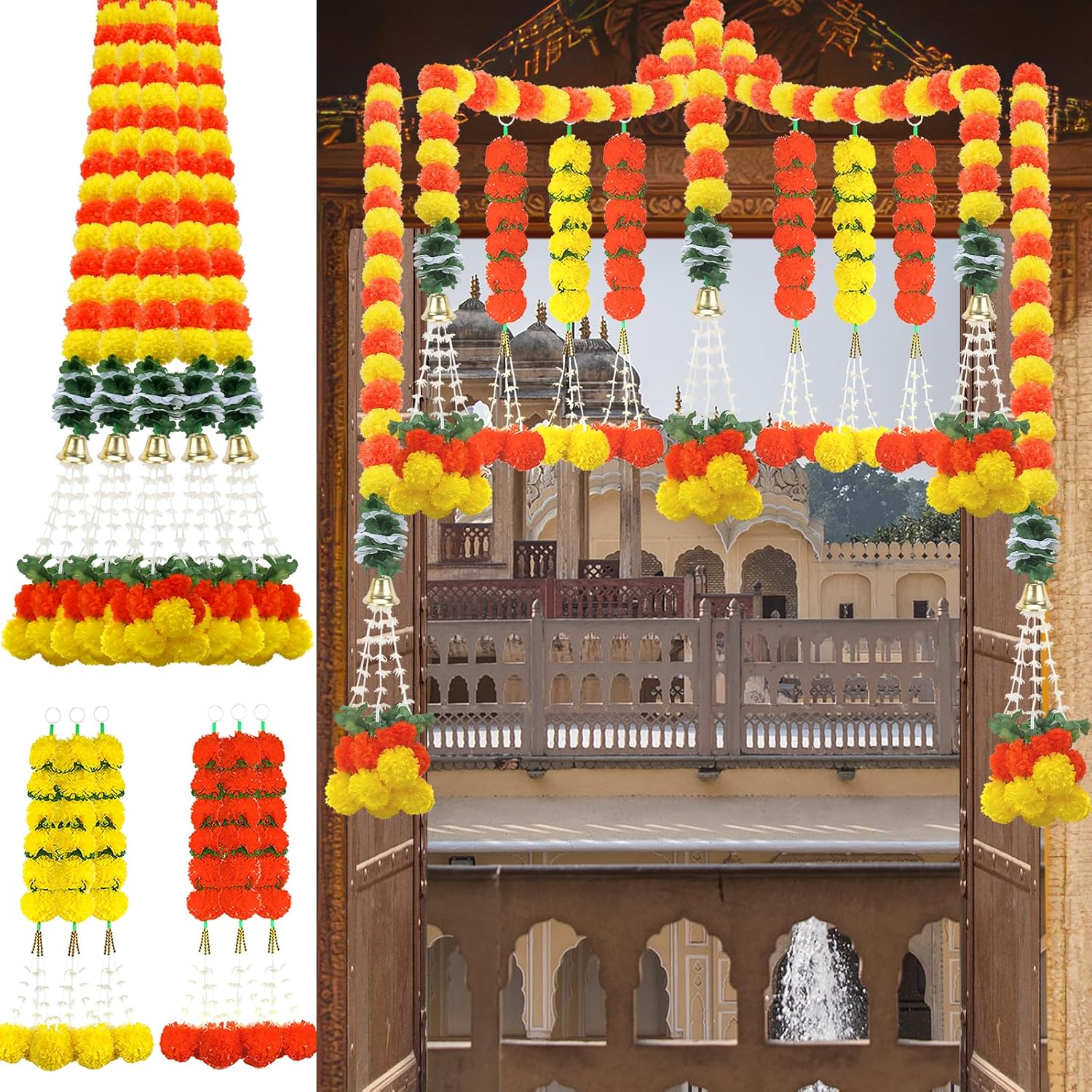 11PCS Diwali Decorations Marigold Garland for Home, Artificial Marigold with Bells and Leaves Long Strands for India Wedding, Pooja Decor, Marigold Flowers for All Year Decoration