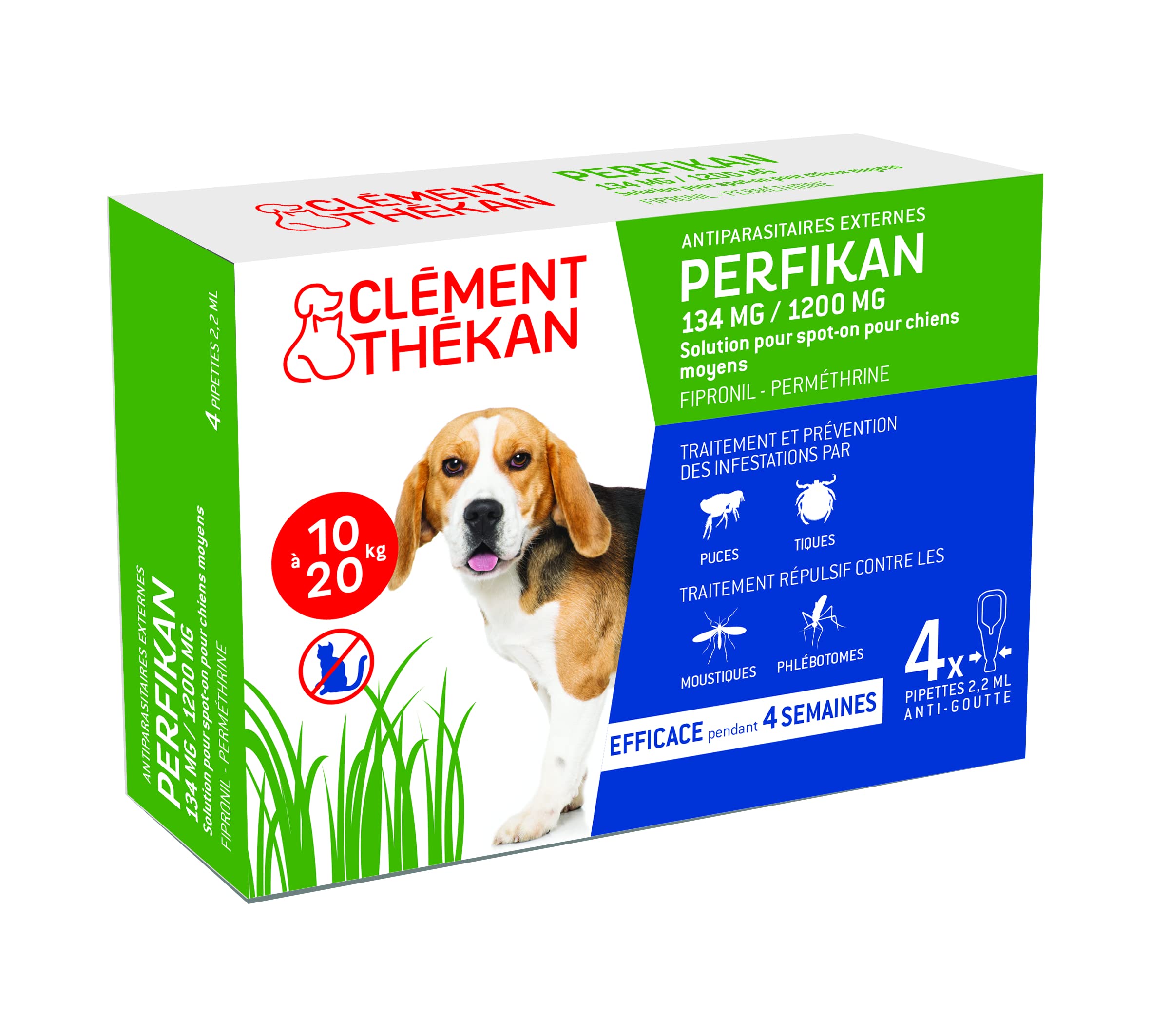 Perfikan Chiens Moyens Clément Thékan (10–20 kg) – 134 mg/1200 MG – Anti-Puces, Anti-Tiques, Anti-Moustiques et Anti-Phlébotomes – Protège Jusqu’à 4 semaines – Fabriqué en France – 4 pipettes Spot on
