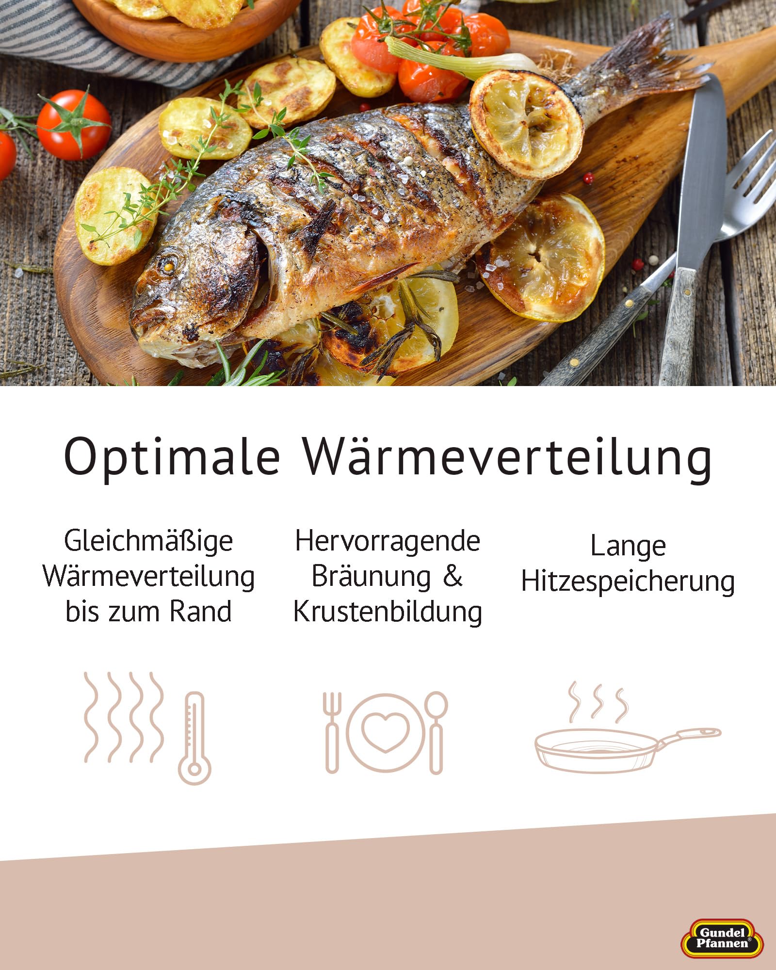 Original Gundel GUSS-FISCHPFANNE INDUKTION flach, 35 x 24 cm, Höhe 5 cm, Titan-Keramik-Oberfläche, abnehmbarer Stiel