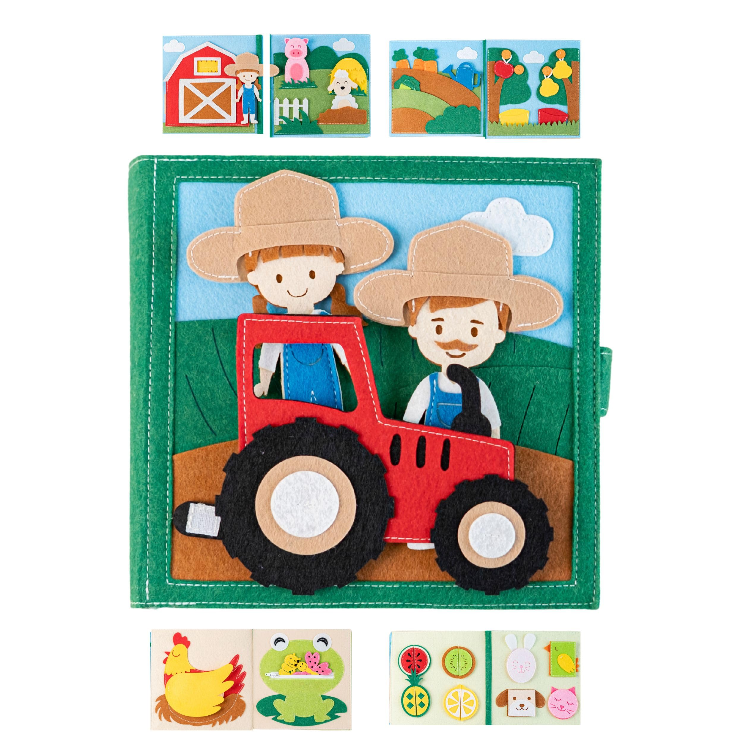 Quiet Book Bauernhof (2 Figuren) Filz-Aktivitätsbuch | Handgefertigt, Tier-Fingerpuppen & Traktor, Bildschirmfreies Spielzeug für Unterwegs, Zuordnung & Zählen, ab 18 Monaten