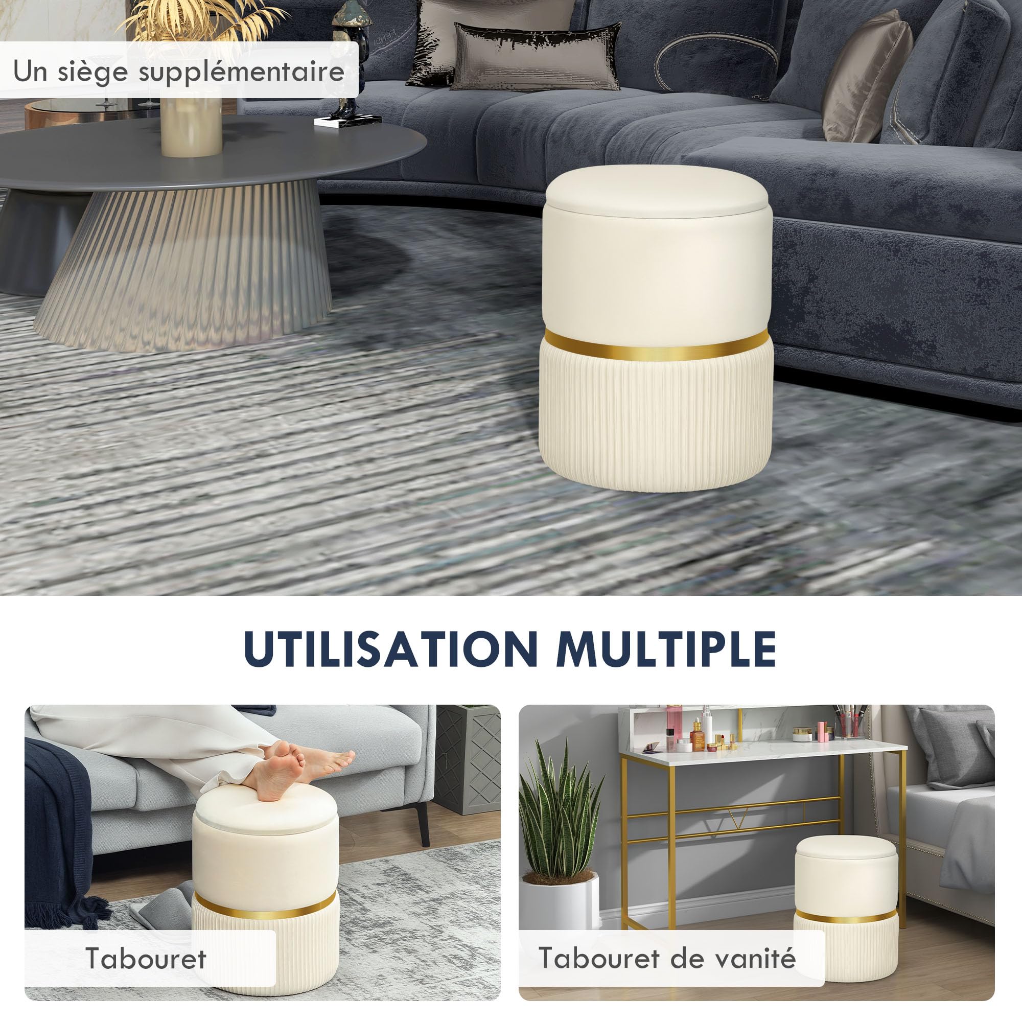 HOMCOM Pouf Tabouret Repose-Pied, Coffre de Rangement, en Velours Côtelé, Design Moderne, 36 x 36 x 44 cm, pour Salon, Chambre, Beige