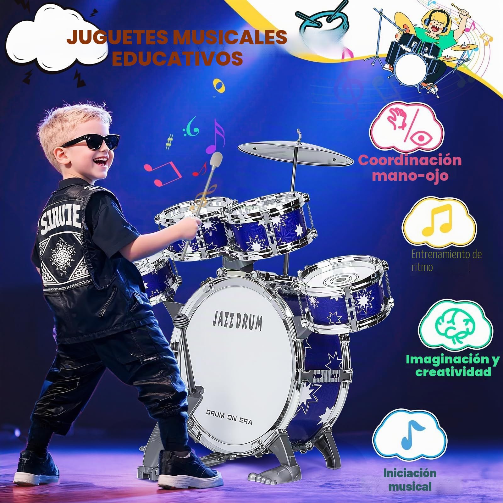Batería de Juguete Mejorada para Niños 3-5 Años, Kit de Batería Jazz con Taburete, Instrumento Musical para Niñas y Niños, Regalo Educativo