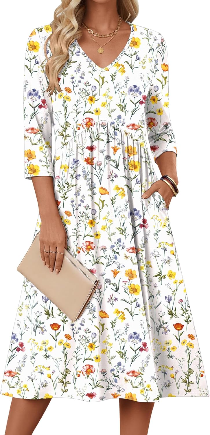 Zeagoo 3/4 Sleeve Women's Dress Casual Midi Tshirt Dresses with Pockets Empire Waist Summer Semi-Formal Boho Beach Sundress - Image 2