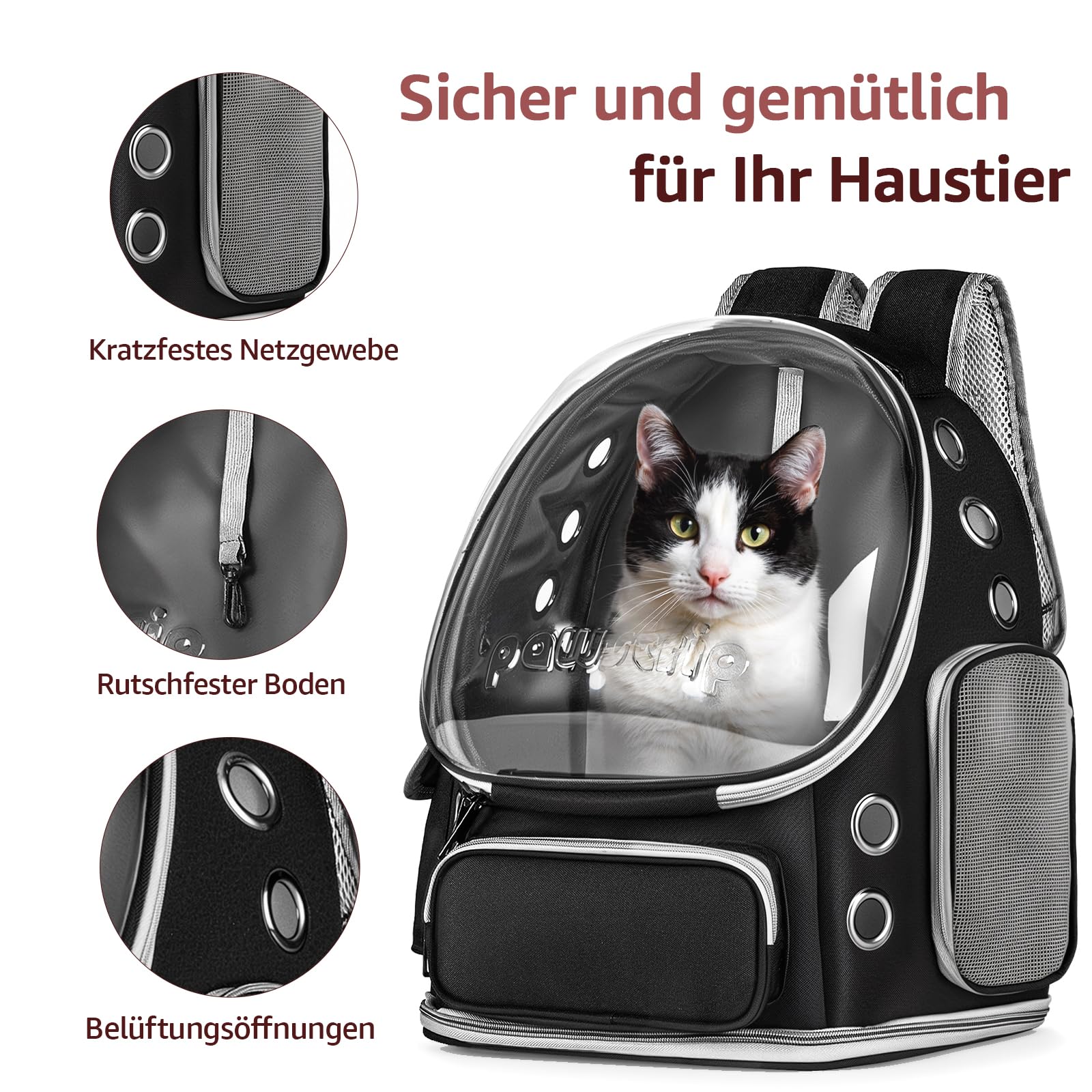 Katzenrucksack mit großem Raumkapsel-Fenster, flugzugelassene atmungsaktive Haustiertasche für kleine Hunde & Katzen bis 6,8kg (15lbs), faltbar für Reisen Wandern & Outdoor(Schwarz)
