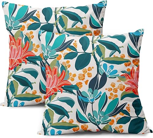 Juego de 2 fundas de almohada de 18 x 18 pulgadas con diseño floral de coral verde turquesa, hojas y flores naranjas, fundas de cojín de algodón