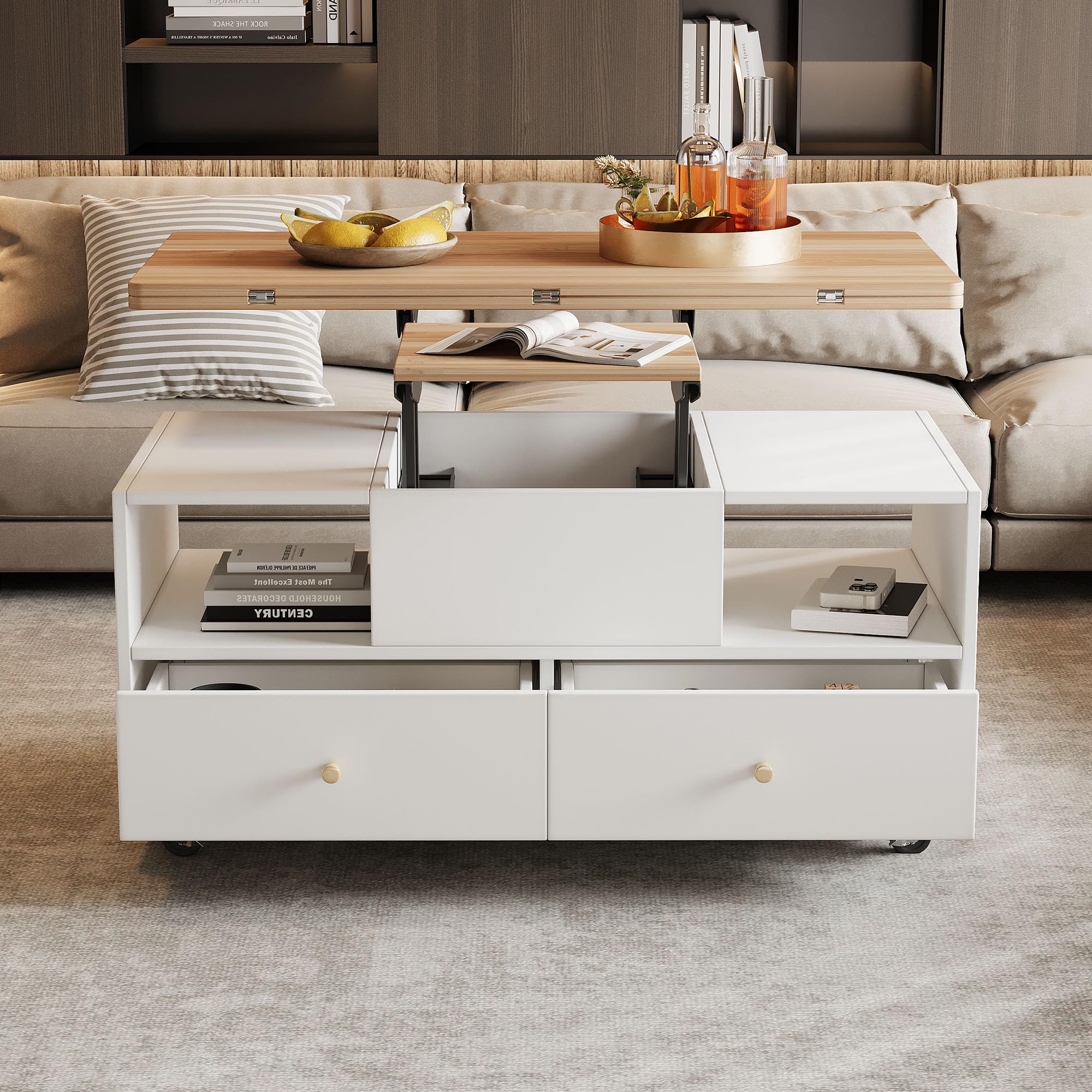 mesa de centro ajustable en altura con función plegable y 4 cajones, 50 x 100 cm, elevadora hidráulica grande y pequeña, salón móvil con ruedas universales