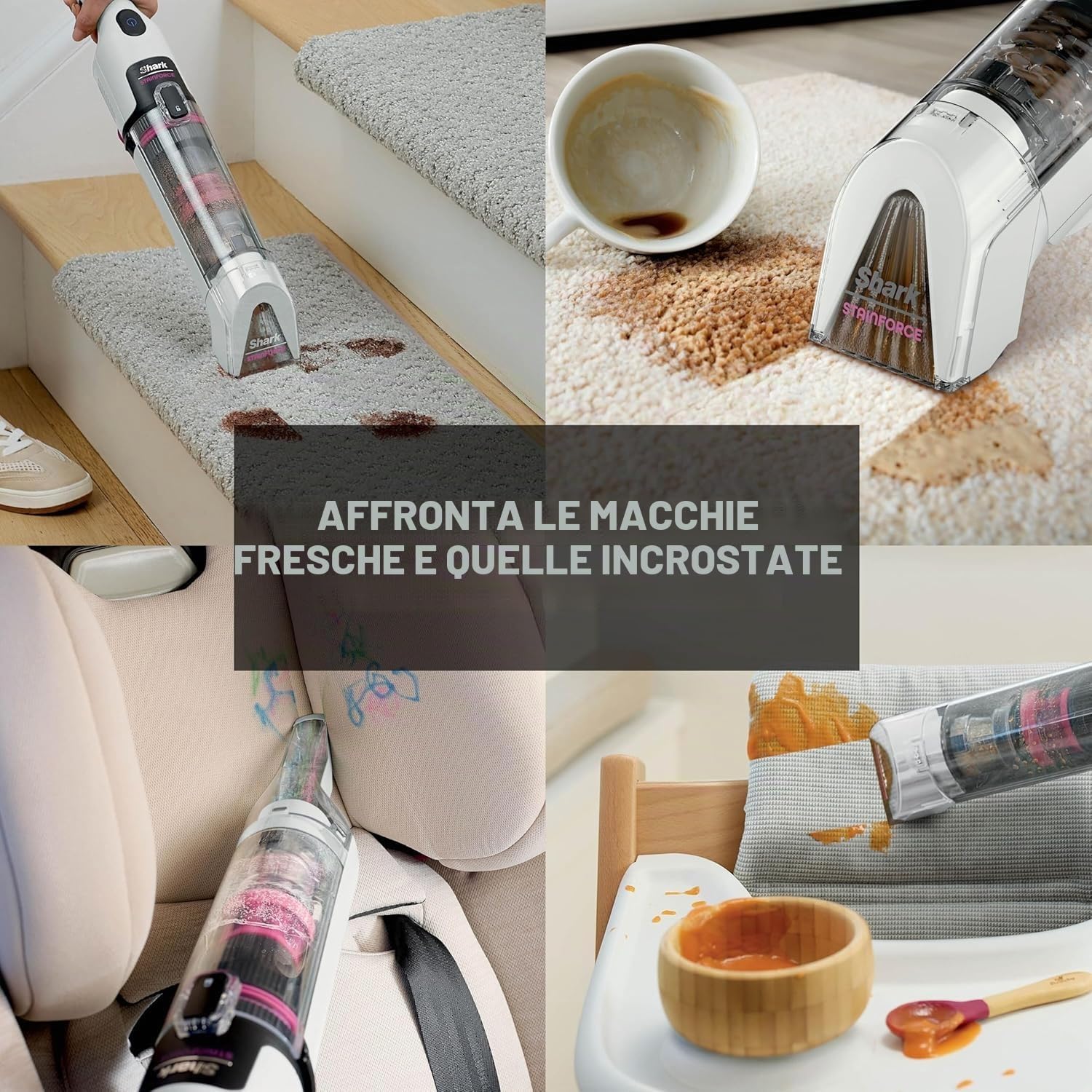 Shark StainForce HX100UKT - Detergente senza fili, leggero e portatile, elimina macchie e odori per tappeti, tappezzeria, auto, con contenitore, accessori e soluzione detergente da 500 ml