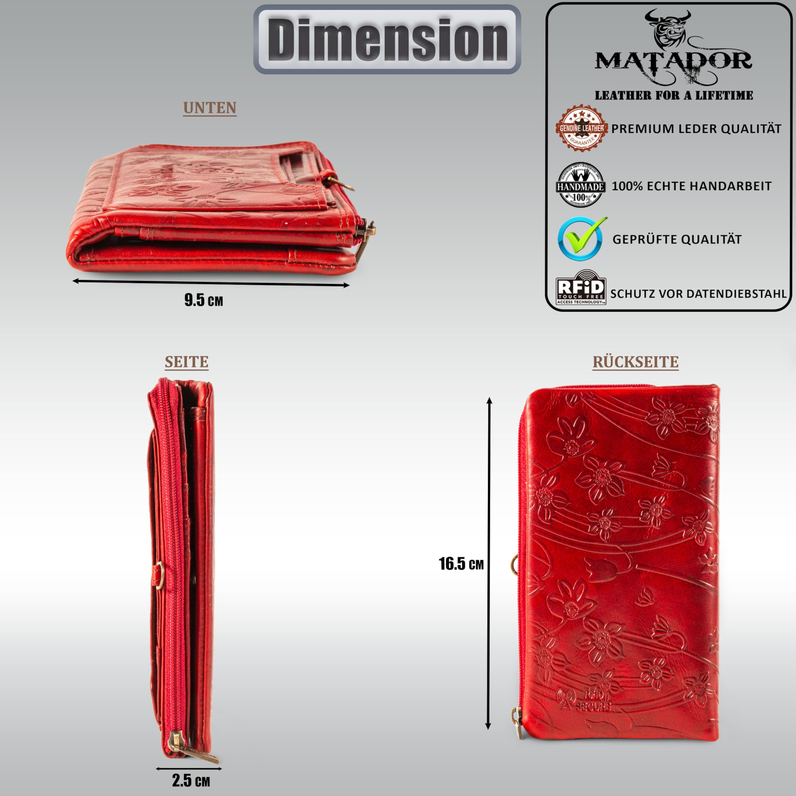 MATADOR Puebla Leder Portemonnaie Damen Mittelgroß | Geldbörse im Hochformat | RFID Geldbeutel mit Edler Geschenkverpackung | Blumen Rot