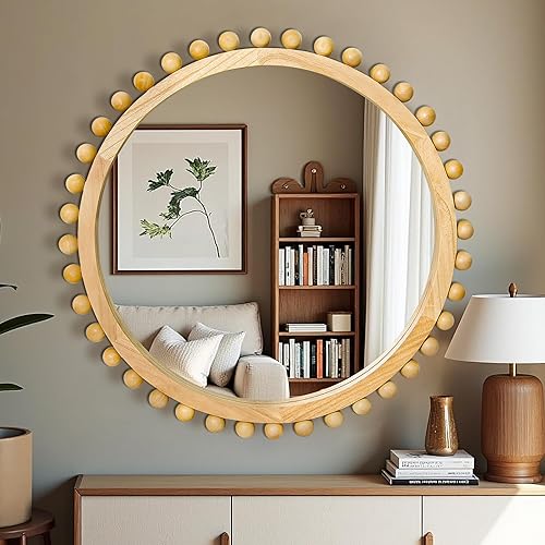 Miniatura 9 de Espejo redondo de madera con cuentas de madera, espejo de pared circular de 24 pulgadas para decoración de pared de sala de estar, baño, entrada,