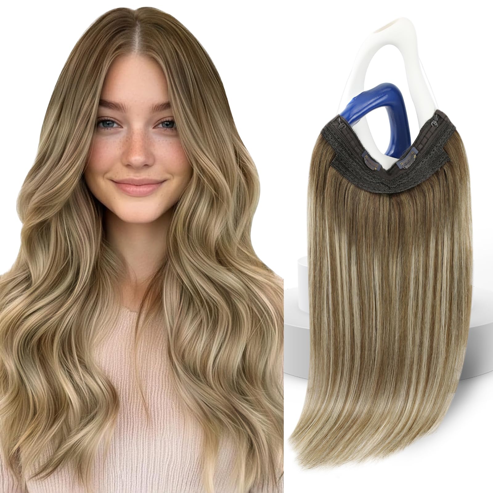 Sunny Hair Wire Hair Extensions for Women 16inch Straight Fish Line Human Hair Extensions Invisible Wire Extensions Easy to Apply Cool Brown Ombre Light Brown Balayage Blonde 85g — view 24