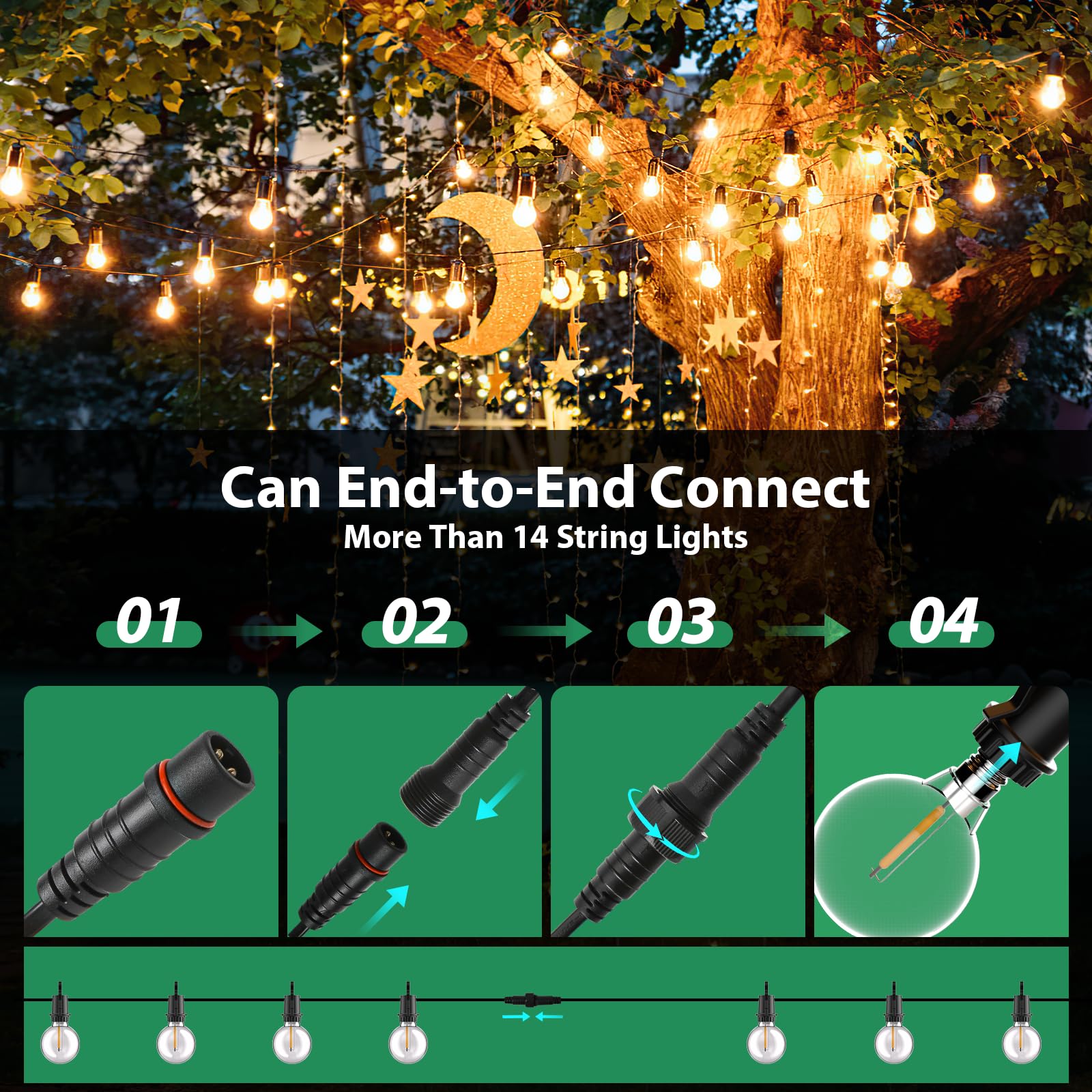 FIFlying Catena Luminosa Esterno, 32.7M/107FT G40 Impermeabile Luci da Esterno Giardino con 50+3 LED, 2700K Bianco Caldo Catena Luci Esterno, Adatta per Festival, Matrimoni, Feste, Giardini, Terrazze