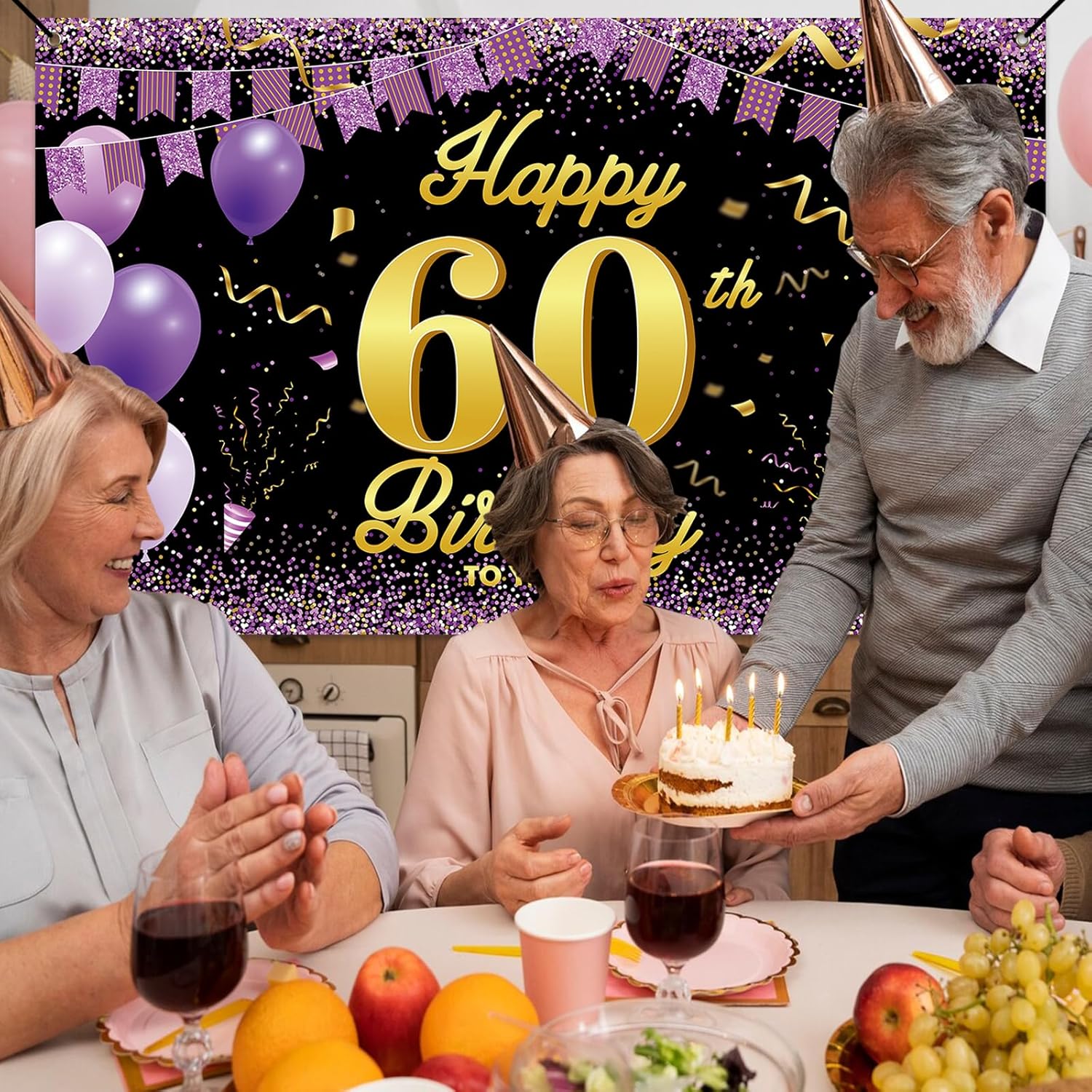 60th Birthday Banner, 60th Birthday Decorations for Men Women, Black Purple 60th Birthday Backdrop Banner Background Party Decor Indoor and Outdoor
