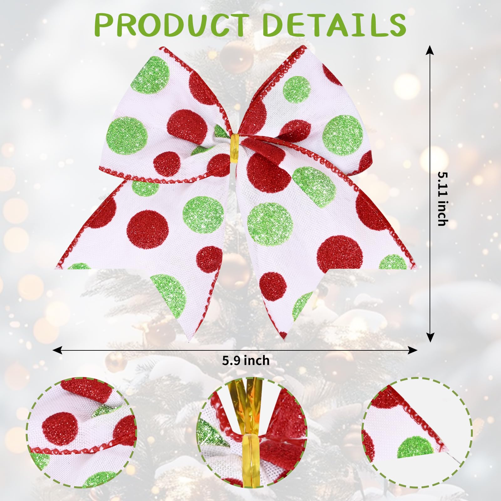 Jueerun 12 Pcs Christmas Bows Decoration Christmas Wreaths Bows Xmas Elf Tree Red Green Dot Bows Ribbons Ornaments for Garland Wedding Party Outdoor Indoor