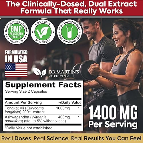 Miniatura 6 de 1400 mg de extracto de Tongkat Ali 2001 + Ashwagandha 5% Withanolides  Longjack de alta potencia de doble adapttógeno soporte para energía, fuerza,