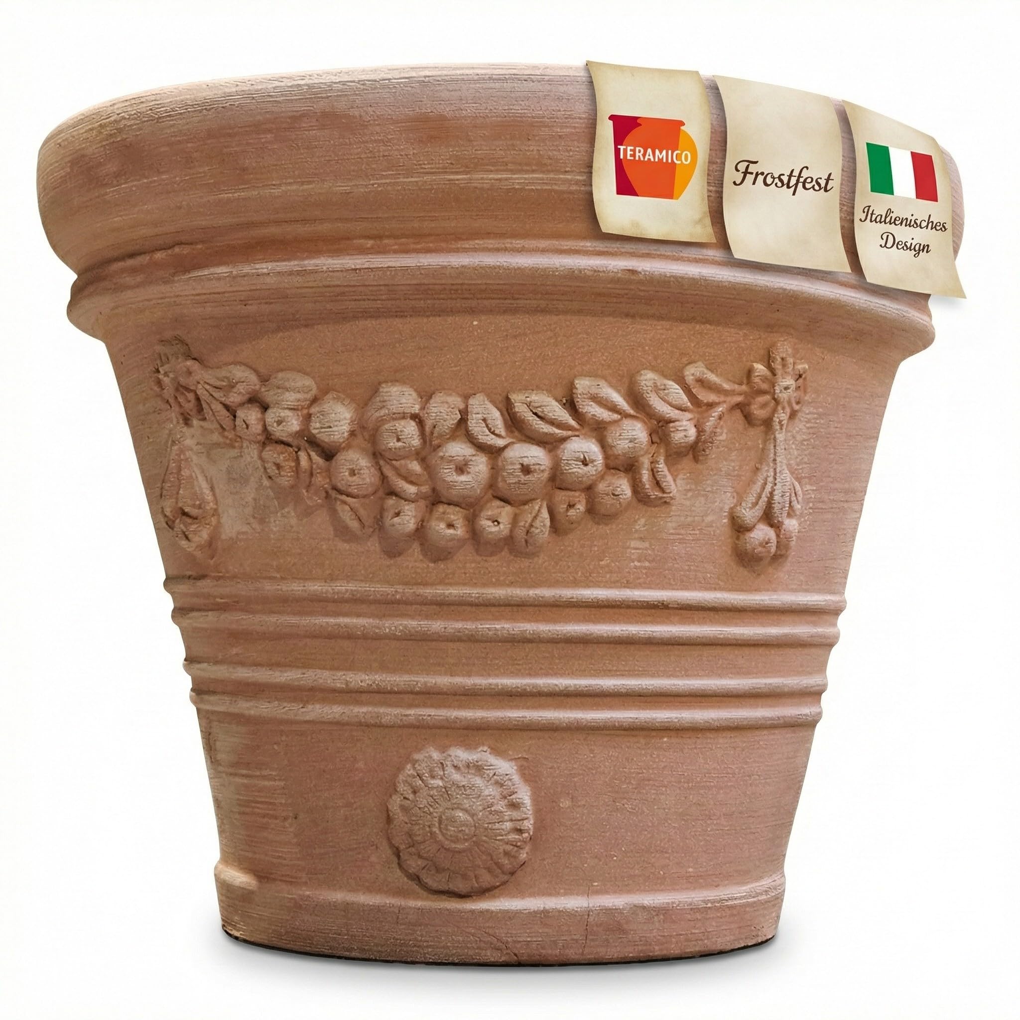 Teramico Pflanzgefäß Blumentopf Übertopf konisch rund Doppio Bordo LISCIO Echtes Terrakotta -Handarbeit- ABSOLUT FROSTFEST (Festonato 45cm)