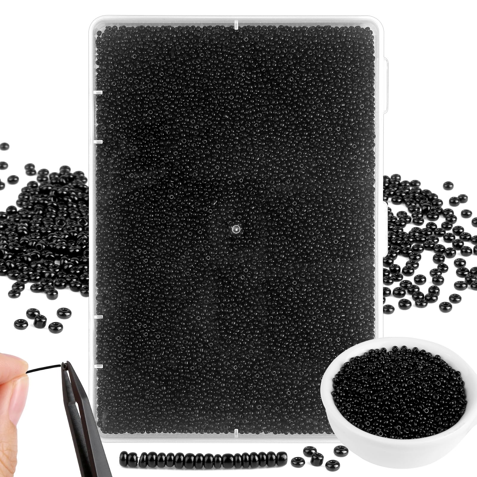 14000pcs/300g Glass Seed Beads, Black Beads 2mm with Box and Tweezers, Round Seed Bead for Bracelet Making, Glass Bead for Jewellery Making Kits DIY