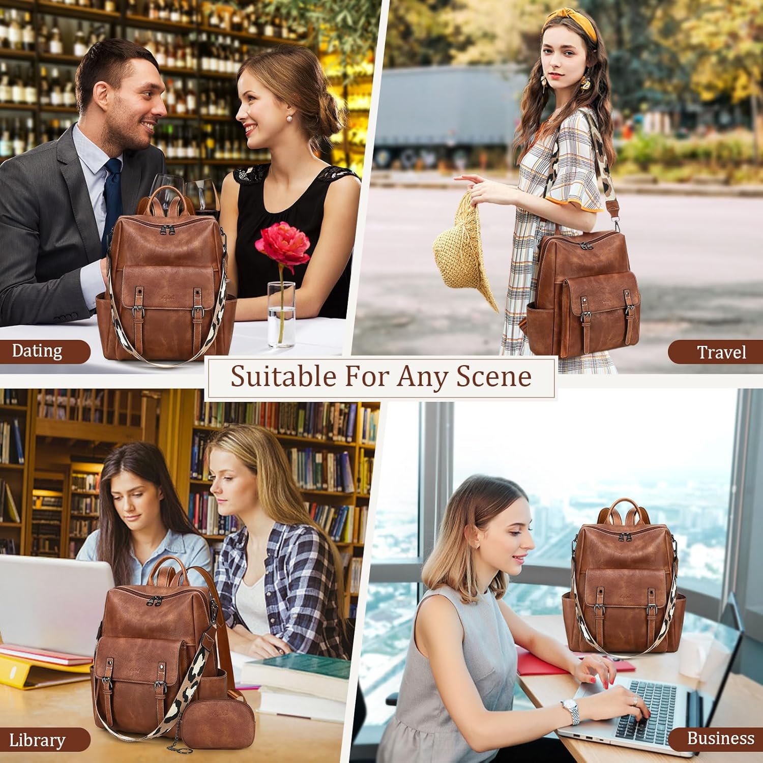 Backpack Purse for Women PU Leather Back Packs Designer Ladies Shoulder Bag Fashion Faux Work Travel Handbags - Image 7