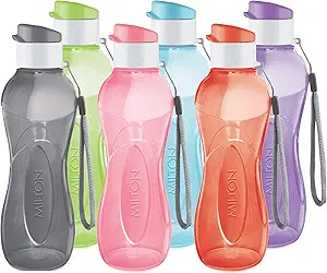 MILTON Kids Reusable Water Bottle, 12 Oz, Leakproof BPA-Free Plastic, Wide Mouth with Handle Strap (6-Pack)