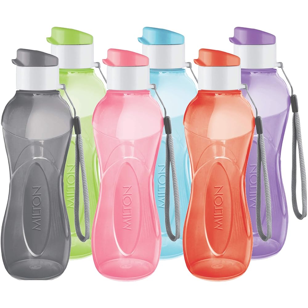 MILTON 6- pack -12 oz Kids Water Bottle for School Reusable Leak proof Small Sports Water Bottle BPA Free Durable Plastic Leak Free with Carry Strap for Lunch Travel Cycling Camping Gym Yoga -6 colors
