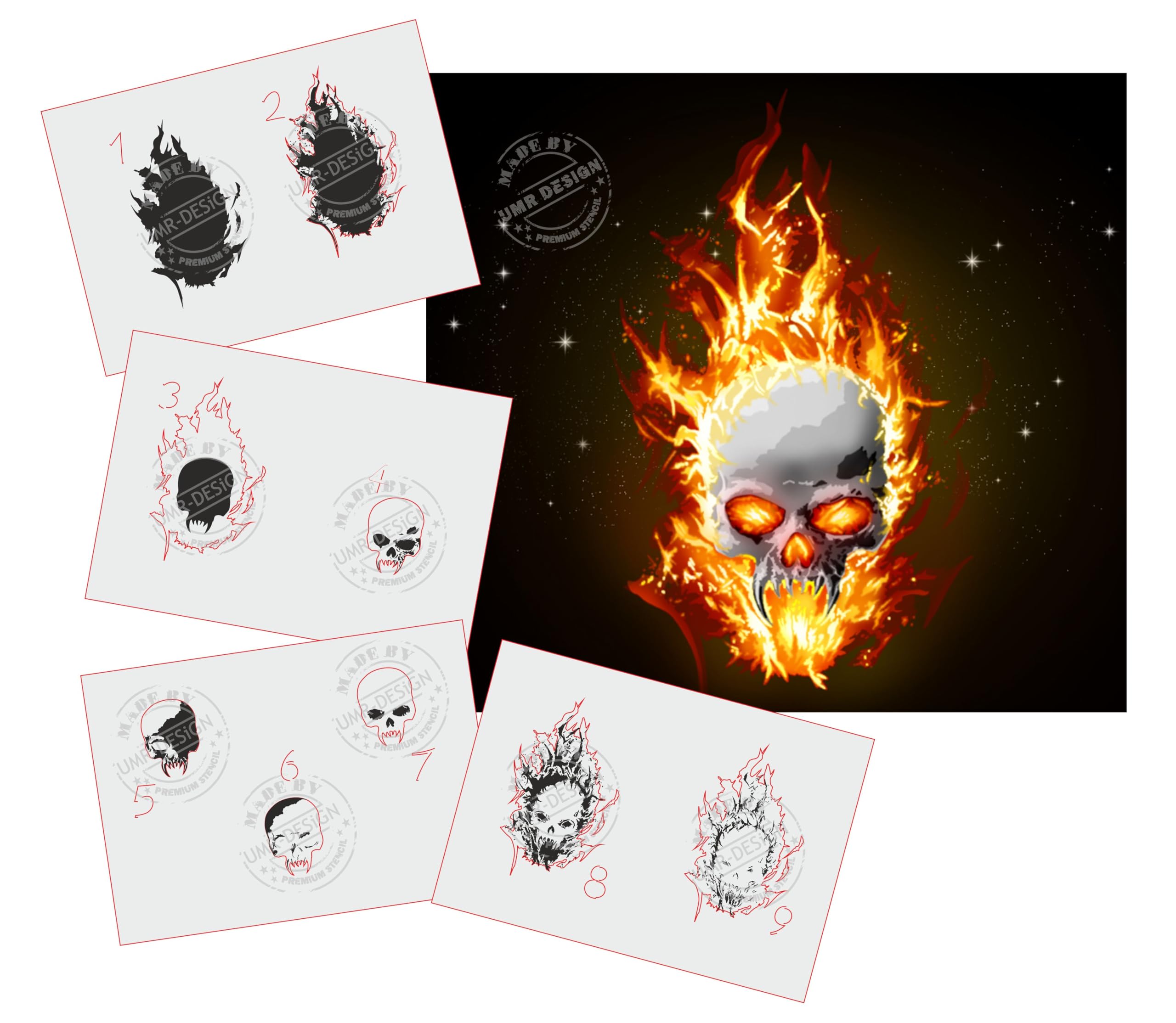 UMR-Design AS-326 Flames Skull Airbrushstencil Step by Step Size M