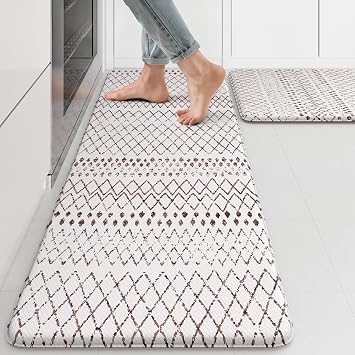 KIMODE Kitchen Mats 2PCS Cushioned Anti Fatigue Boho Kitchen Rugs and Mats Non Slip Waterproof Kitchen Mats for Floor Comfort Foam Standing Desk Mat for Home Office Sink Laundry Brown and White Decor